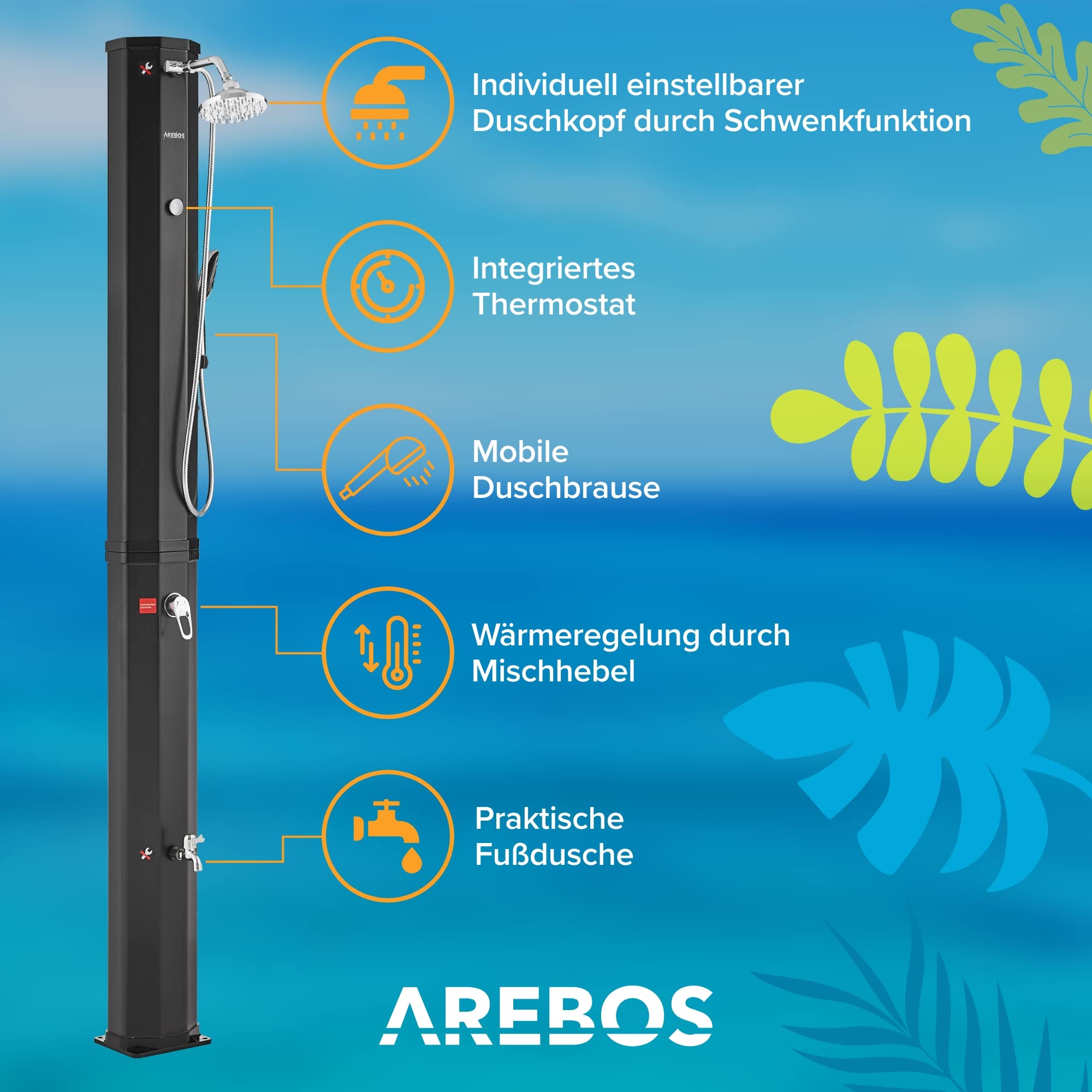 Arebos Solardusche 60 L | mit Handbrause & Thermometer | Wassertemperatur bis zu 60°C Pooldusche Camping | runder Duschkopf | Snap-In Technologie | Inkl. Abdeckhaube | Schwarz