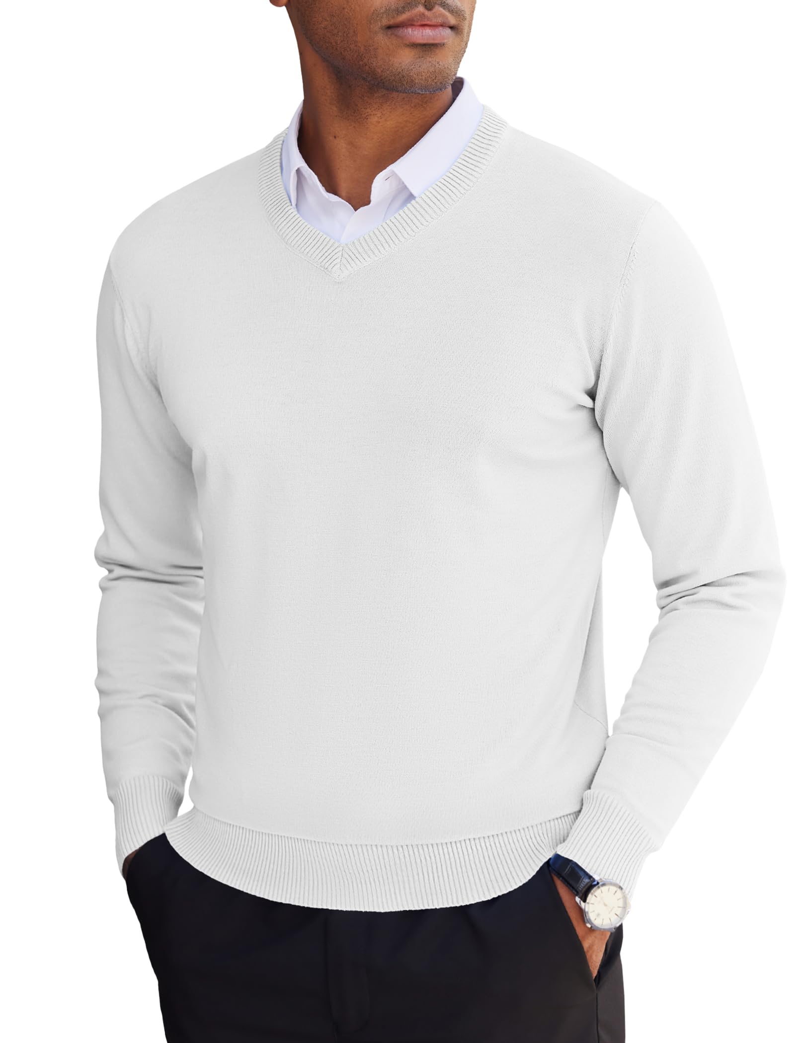 Pull homme à col v blanc idéal pour le bureau et les sorties décontractées - 7