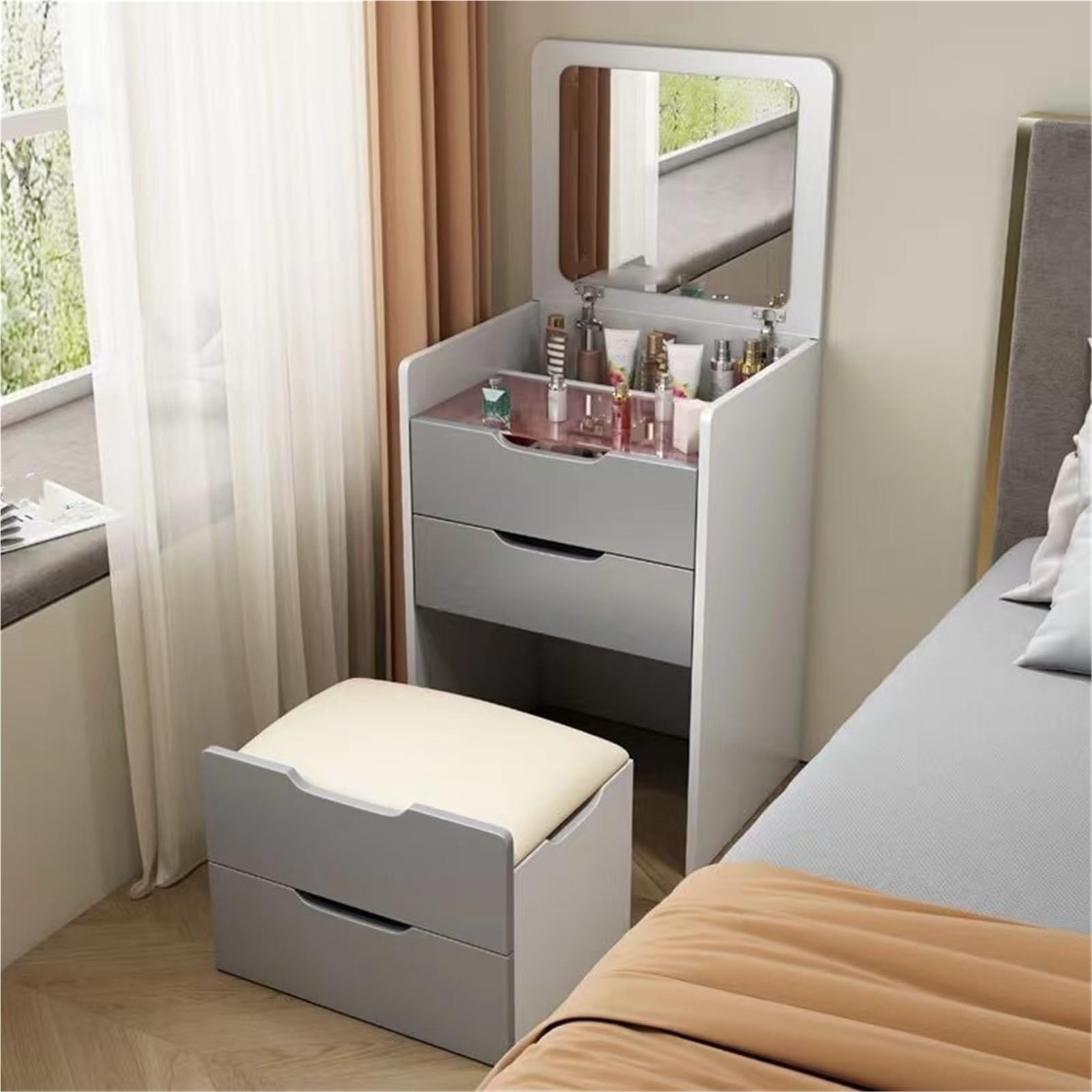 asdchZen Modern Vanity Table With Flip Top Mirror, Compact Makeup Desk With Storage & Cushioned Stool, Stylish Dressing Table For Bedroom, Long-Lasting White Finish,Grey-48cm
