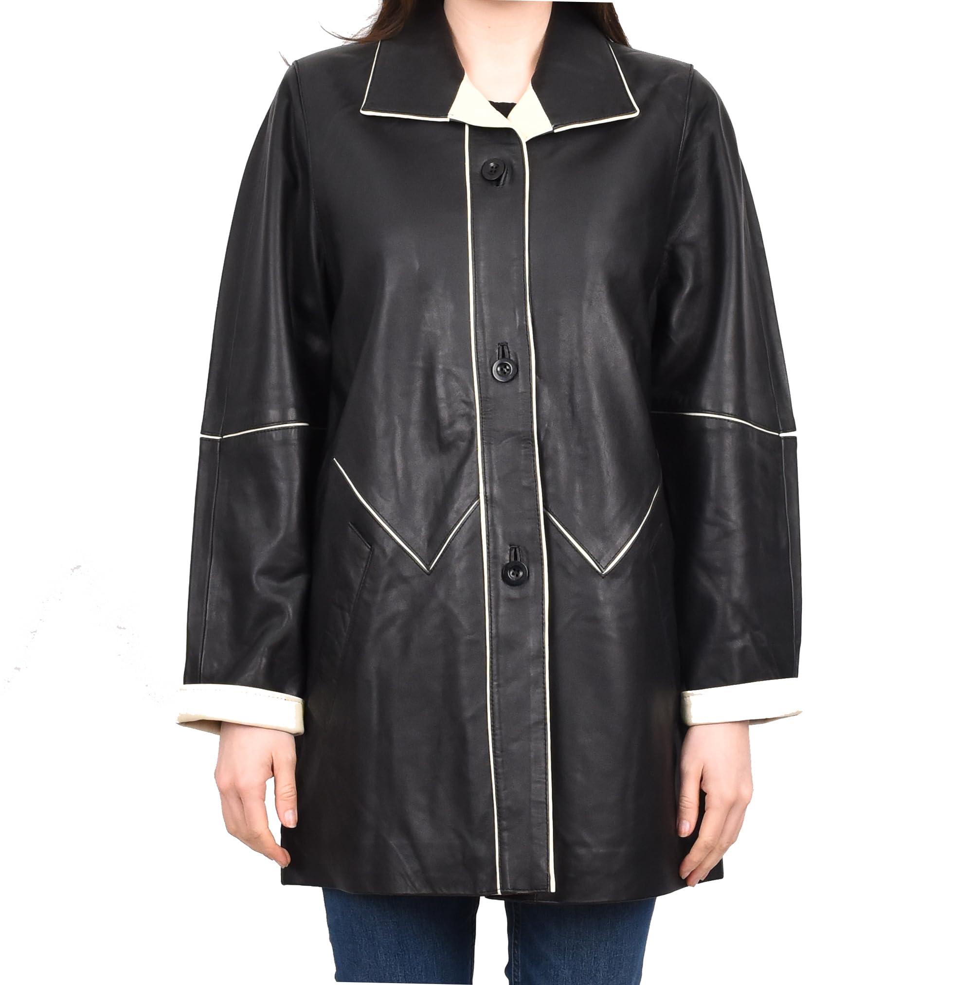 Divergent Retail Womens Real Leather Coat 3/4 Length Classic Parka Style Jacket Elara Size 14 L Black/Beige Trim