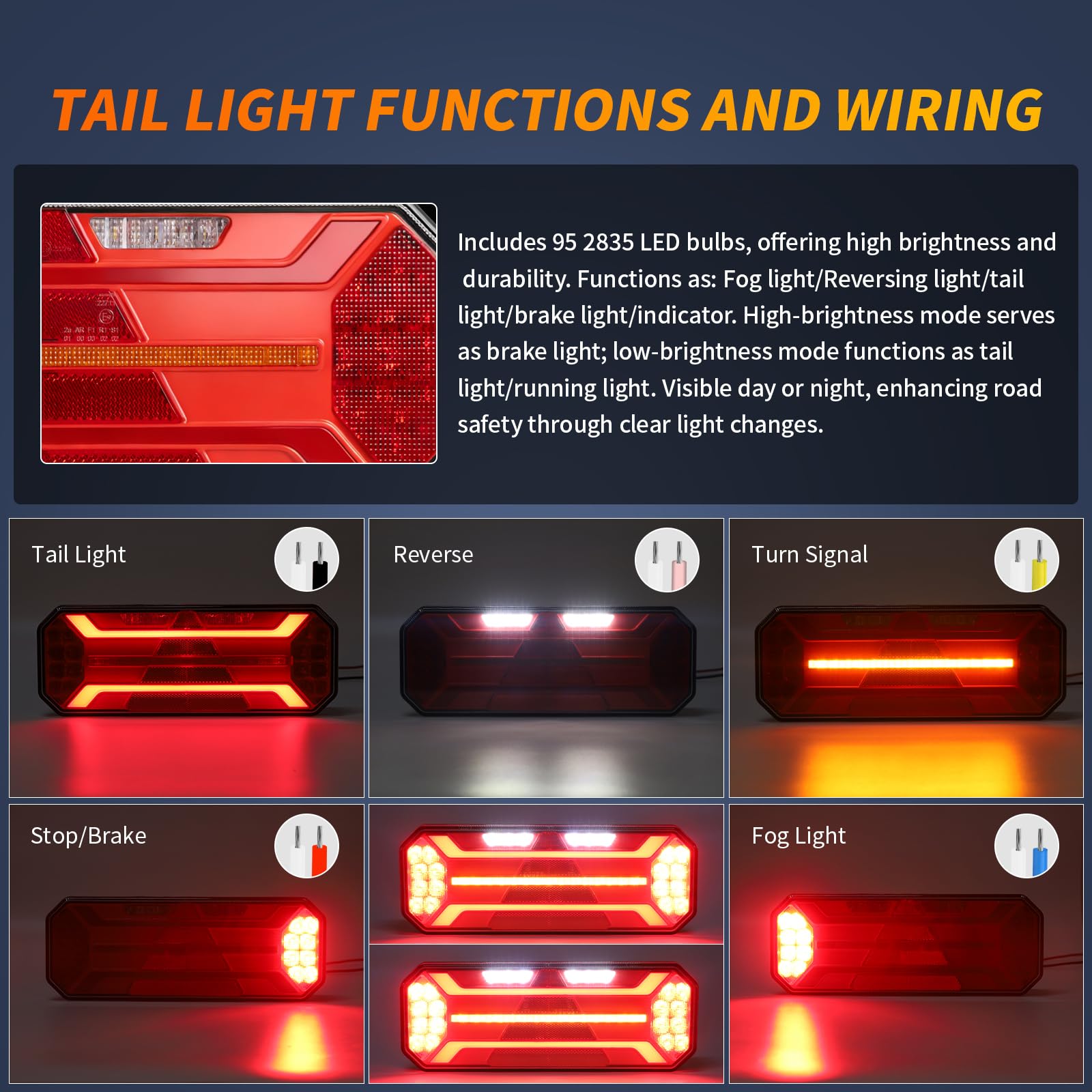 Lot de 2 feux arrière LED 12 V 24 V IP67 étanches avec frein, clignotants, position, recul, brouillard, homologation E pour remorque, camion, caravane, van, tracteur