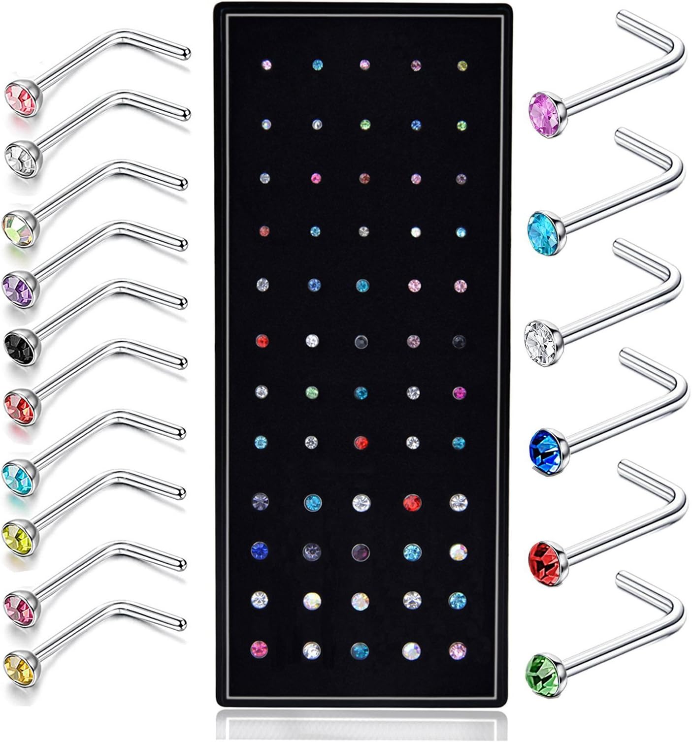 Ghome 60PCS L Shaped Nose Ring Studs Surgical Steel Curved Nose Stud Bend Bar Piercing 22G Gauge Crystals 1.5mm 2mm 2.5mm (60pcs (1 Box Colourful))