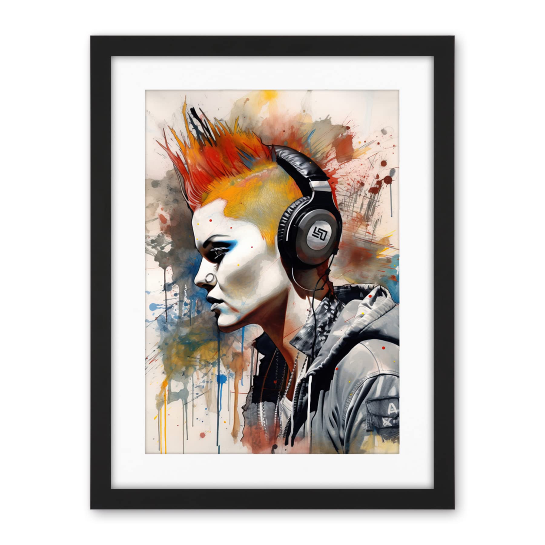Artery8 Edgy Young Punk Woman with Red Mohawk and Headphones Listening to Music Modern Watercolour Painting Artwork Framed Wall Art Print 18X24 Inch