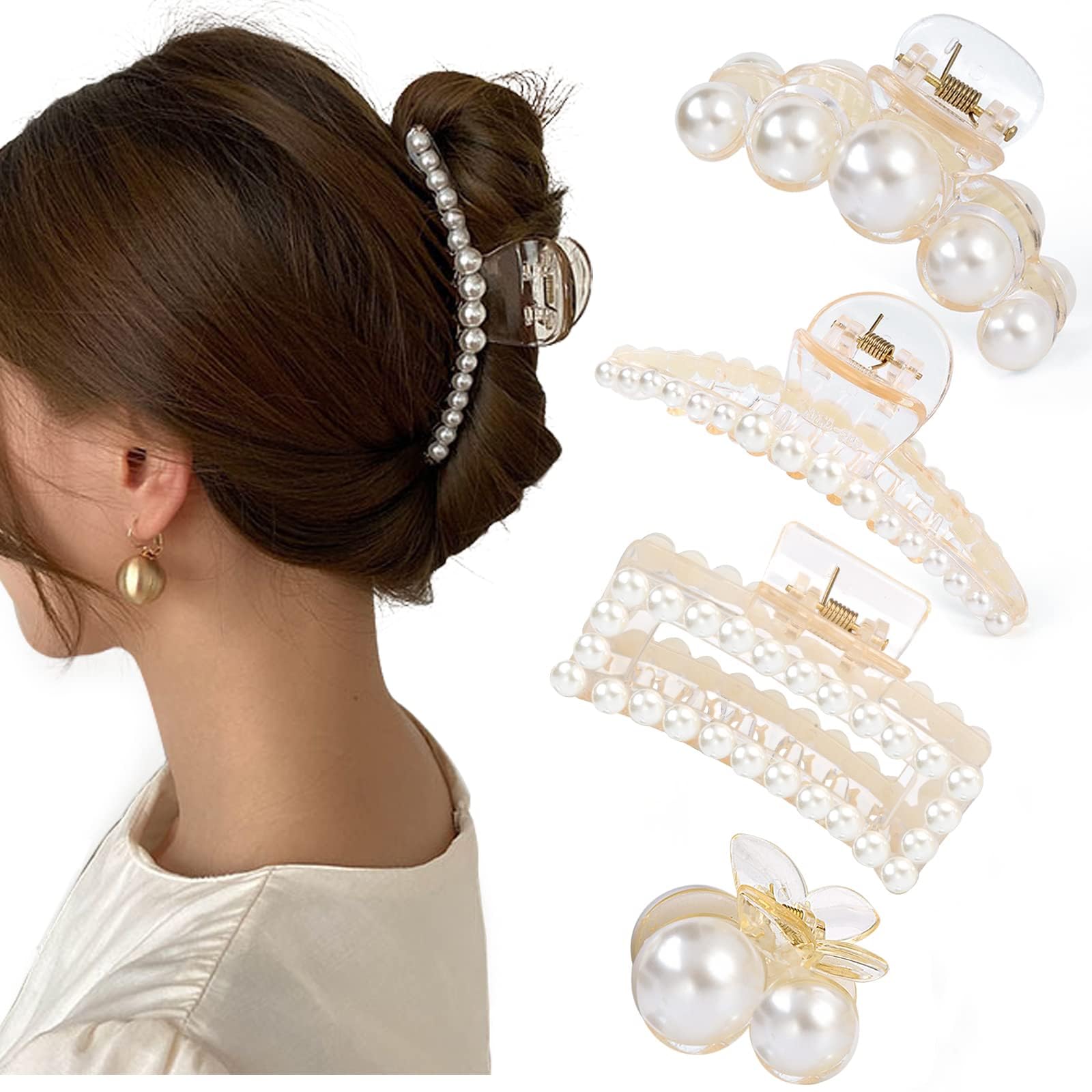 Spunklad 4PCS Pearl Hair Clip, Hair Claw Clips Women, Non-slip Hair Jewellery, Large Claw Clip for Girls Styling Jaw Clips