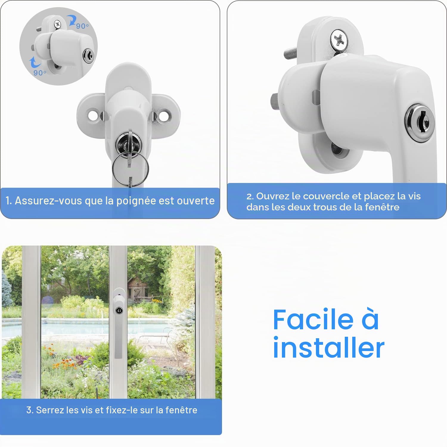 Sonnewelt Lot de 16 poignées de fenêtre verrouillables, sécurité enfant, poignées de fenêtre en aluminium avec serrure, serrure de fenêtre blanche, poignées de fenêtre verrouillables en position