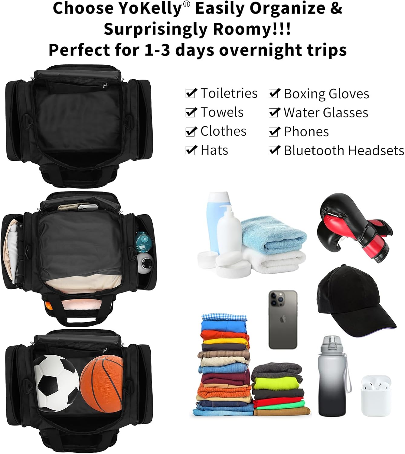 Small Duffel Bag 17 inch Carry On Weekender Bag for Travel Gym Sport (17x10x9 in) - Black - Image 3