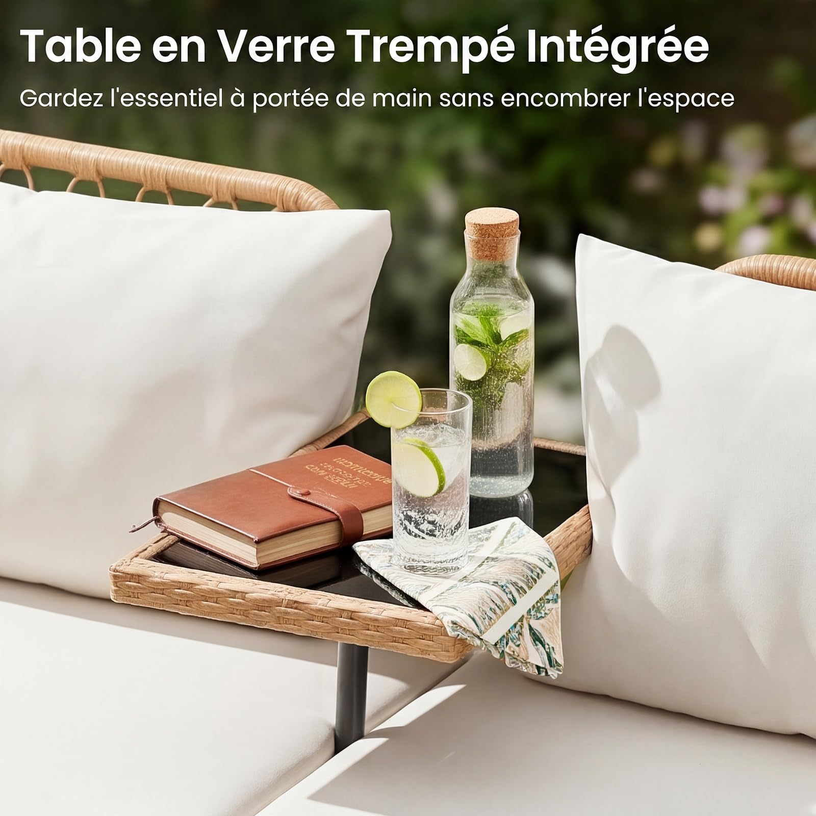 COSTWAY Banc de Jardin en Rotin PE avec Coussins & Table, Canapé de Jardin 2 Places, 5 Pieds en Métal, Patins Réglables, Banquette pour Balcon Terrasse, Charge 150 kg par Siège, 137 x 64,5 x 84 cm