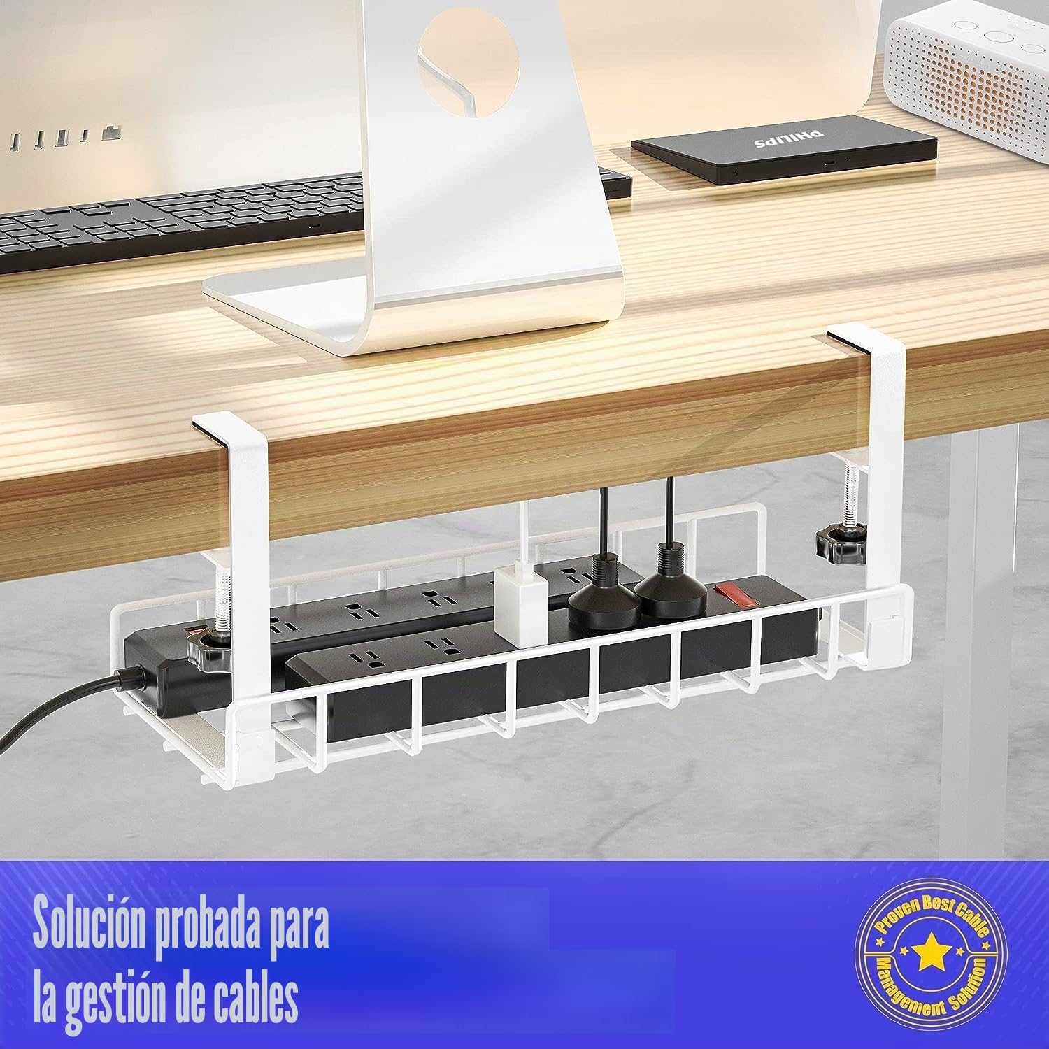 Sin perforación Bandeja De GestióN De Cables Debajo Abrazadera De Brazo Adjustable Robusta Bandeja De GestióN De Cable hacia Adentro O hacia Afuera Blanc, 1 Paquete