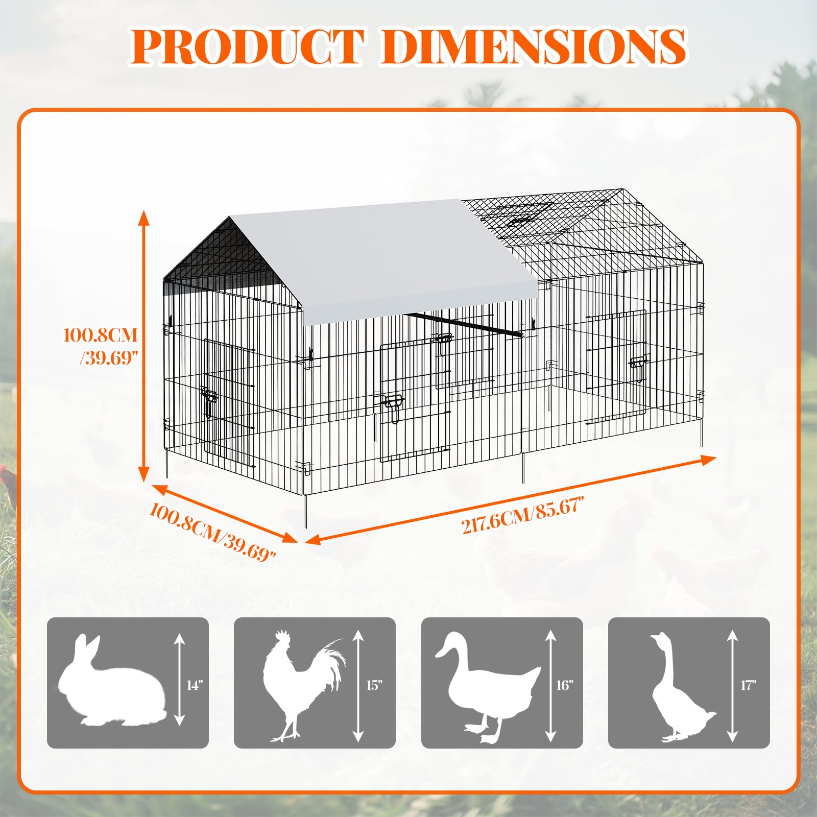 Grand poulailler en métal accessible - 218 x 101 x 101 cm - Avec toit et 4 portes - Verrou - Solide - Pour poules, petits animaux et plantes