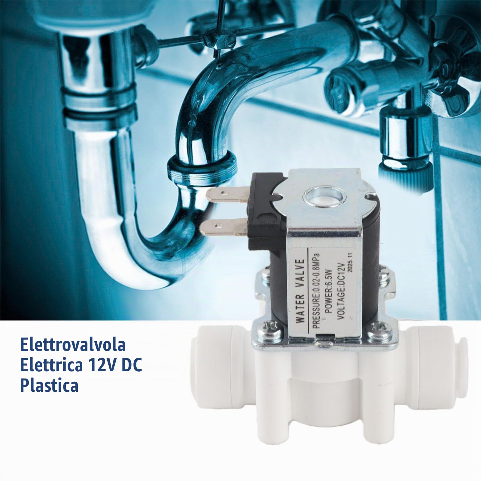 Elettrovalvola 12V DC 3/8" NC a Normale Chiusura per Depuratore d'Acqua con Attacco Rapido, Valvola Magnetica Elettrica in Plastica e Rame, Impermeabile