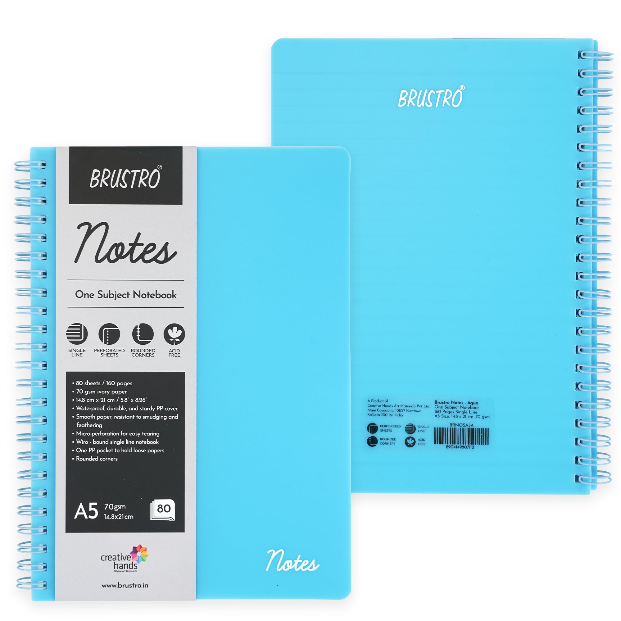 BRUSTRO Notas tamaño A5, cuaderno de 1 materia rayada, 80 hojas/160 páginas, papel marfil de 70 g/m², cubierta aguamarina, diseño encuadernado con alambre, esquinas redondeadas, hojas microperforadas