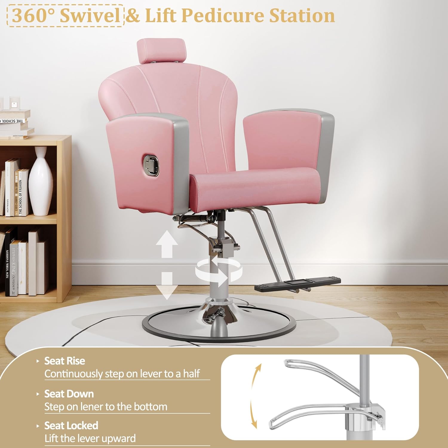 KIGOTY Salon Chair for Hair Stylist, Reclining Salon Chair with Hydraulic Pump,360 Degree Swivel Hair Stylist Chairs with Footrest and Adjustable Headrest for Barbershop (Pink-Silver)