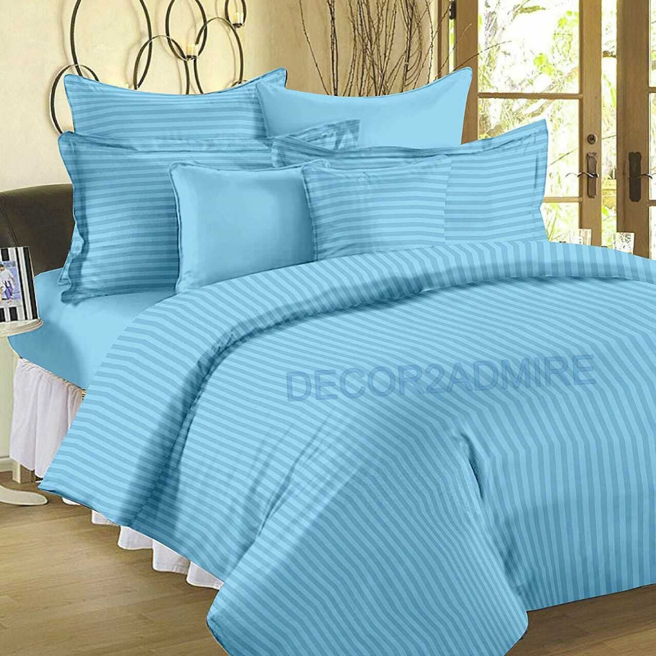 DECOR2ADMIRE 300TC Cotton Plain Stripe Queen Size Double Bedsheet for Double Bed with Two Pillow Covers (Queen, Aqua Blue) (90 * 100 Inches)