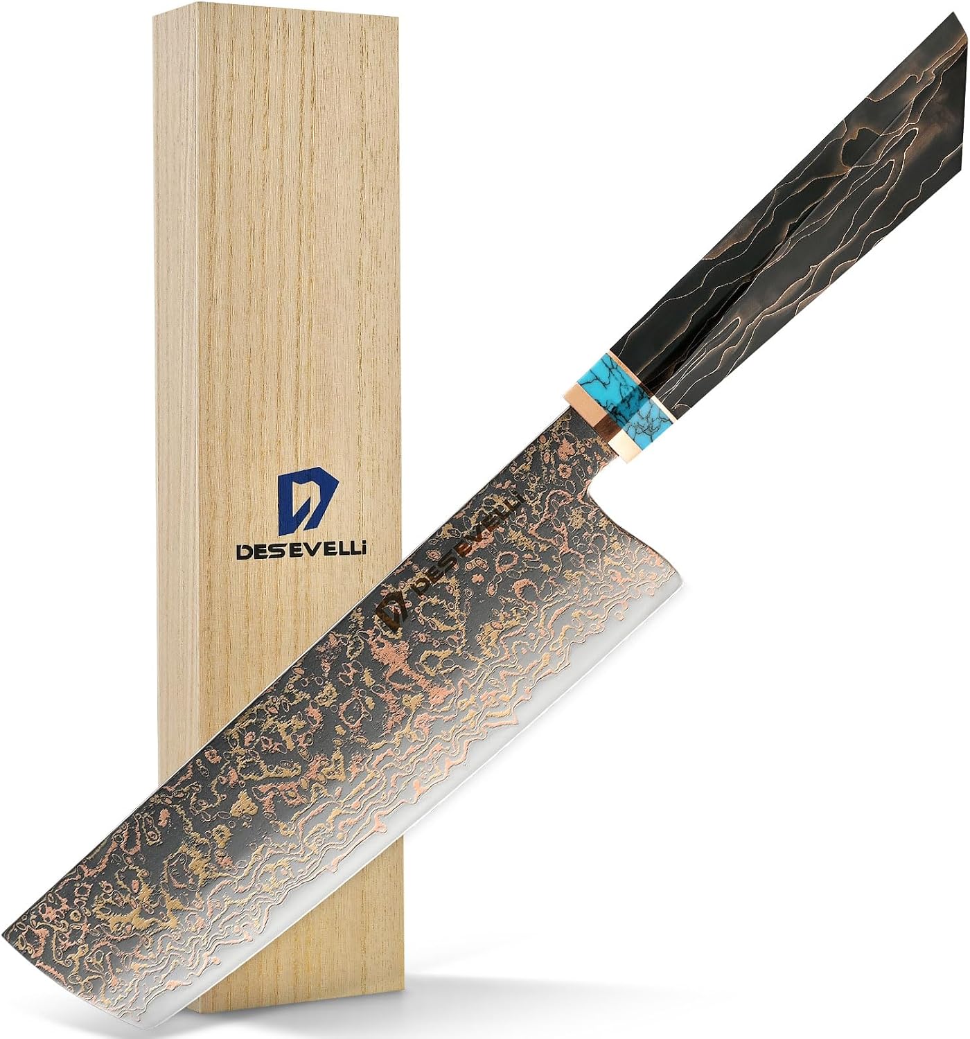 7-Inch Japanese Nakiri Knife,VG-10 Steel Core with 33 Layers Copper Damascus Steer,Ultra Sharp Vegetable Kitchen Knife,Personalized Knife Gift