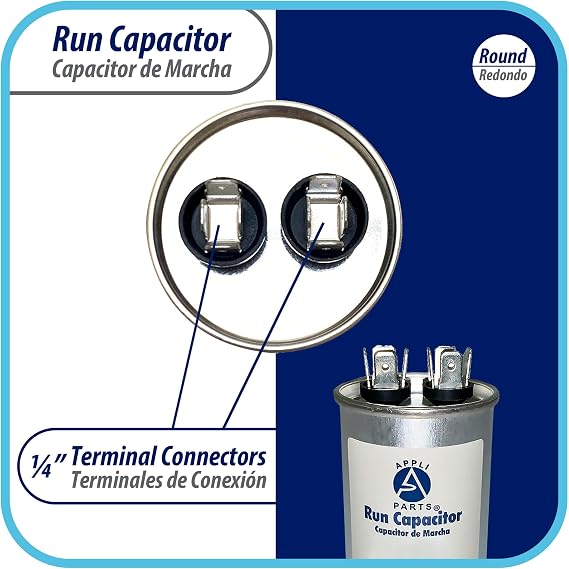 Appli Parts Run Capacitor for ac 10 Mfd uF (microfarads) 370 VAC or 450 VAC CBB65 Round Universal fit for hvac and other applications 3 in High 1-1/2 in Wide CON-10-450