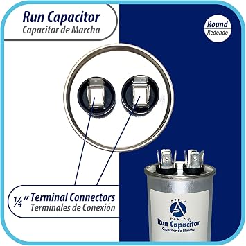 Appli Parts Run Capacitor for ac 10 Mfd uF (microfarads) 370 VAC or 450 VAC CBB65 Round Universal fit for hvac and other applications 3 in High 1-1/2 in Wide CON-10-450