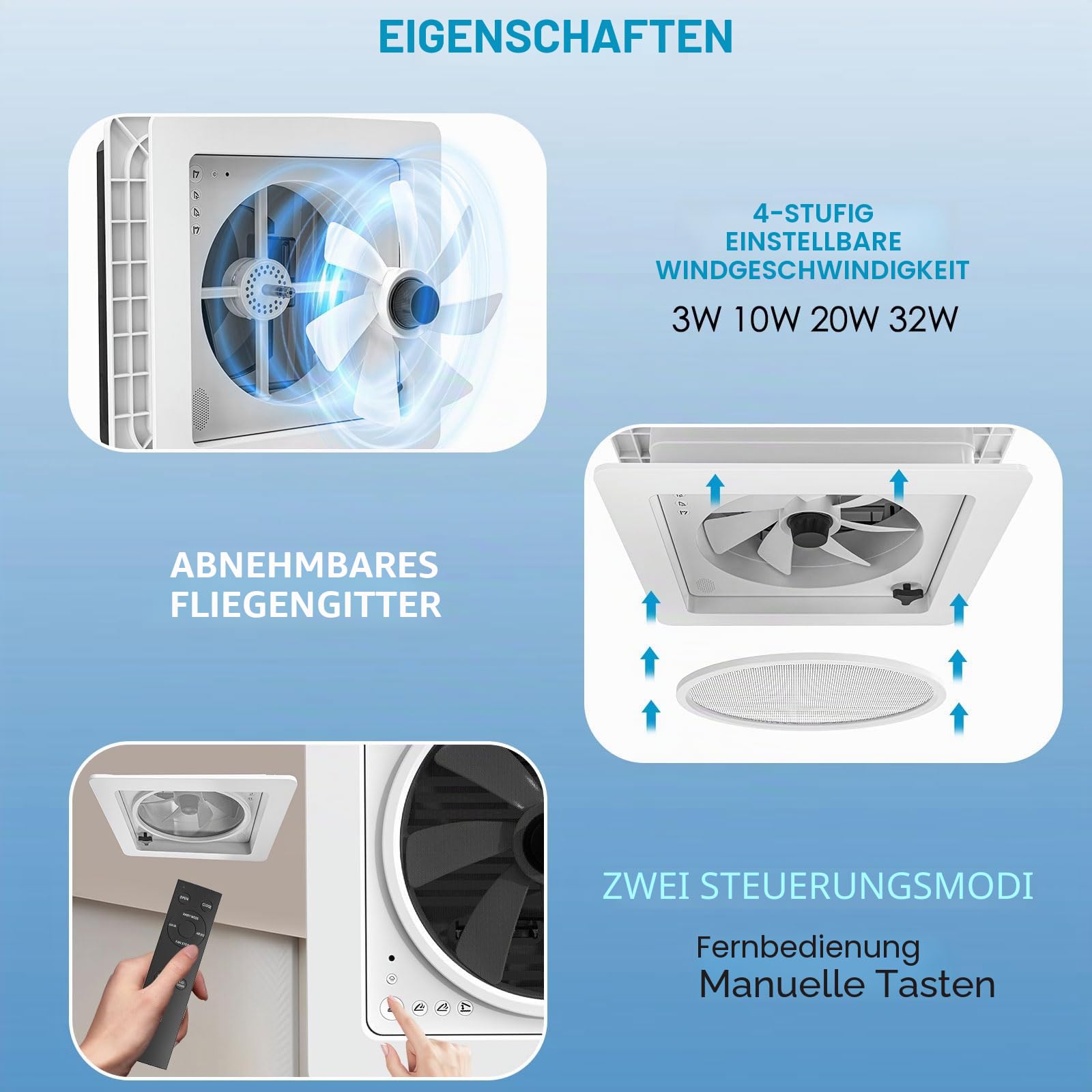 2012 12V (24V Max) Wohnmobil Dachventilator 400 mm, RV Dachlüfter mit schwarzem halbtransparentem Deckel, Fernbedienung, reversibel Abluft & Zuluft, leise, UV-beständig für Wohnwagen Camper