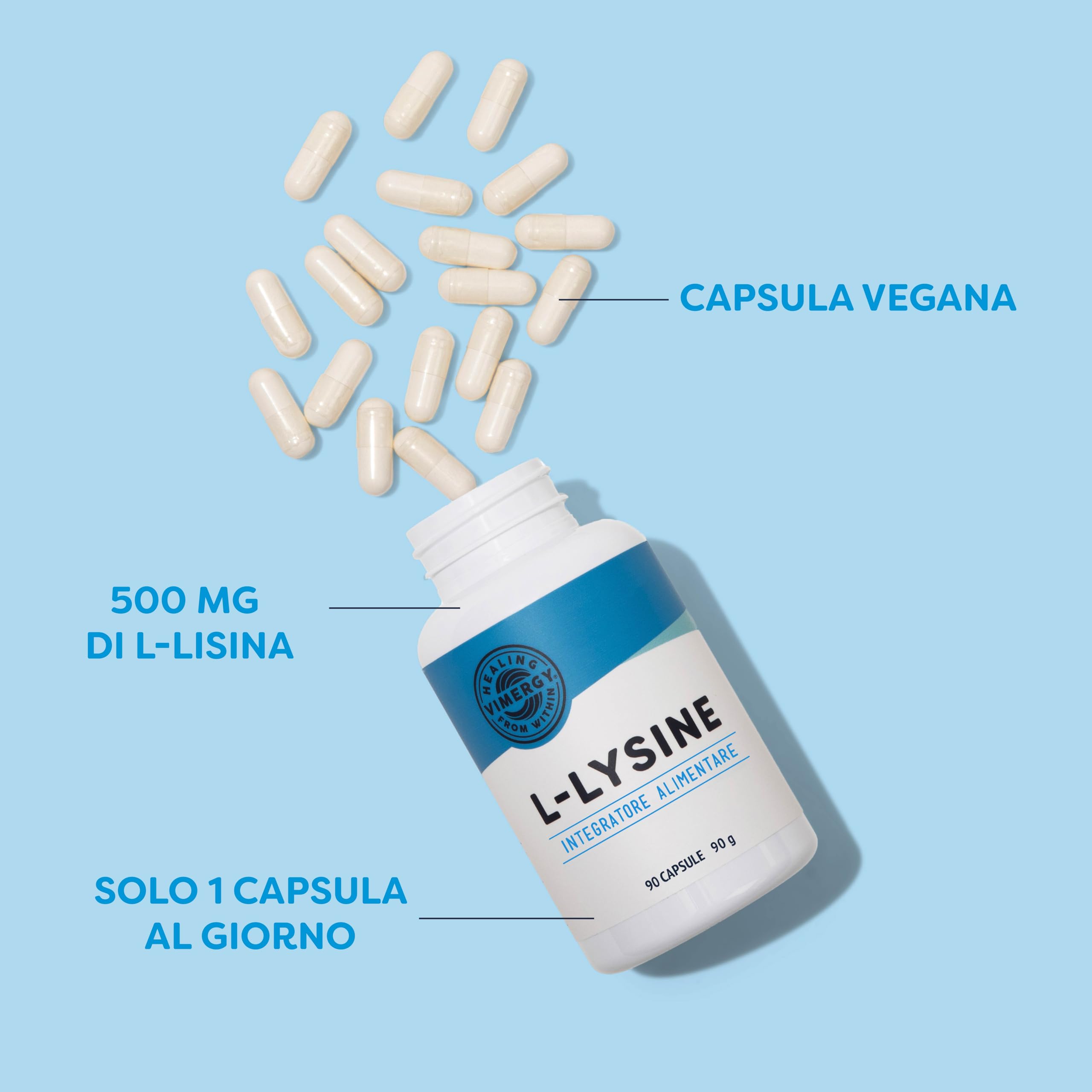 Vimergy L-Lysine 500 mg L-Lisina in Capsule, 90 Dosi – Amminoacido Essenziale – Capsula Vegana Senza Gelificanti - Senza OGM, Senza Glutine, Senza Gelatina, Kosher