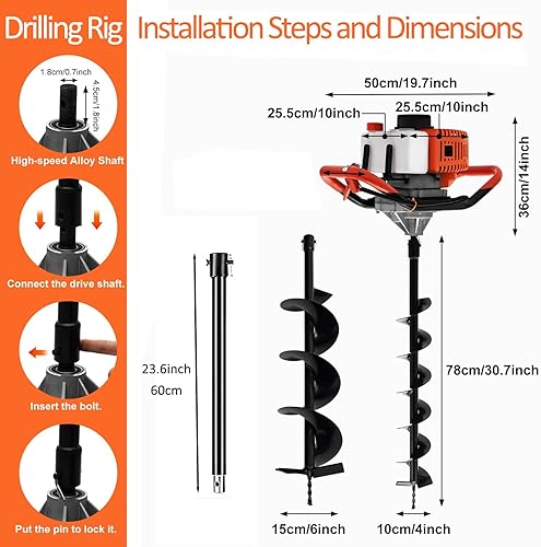 Miniatura 3 de Excavadora de agujeros de poste de 62 cc y 2.8 HP a gas, barrena de tierra de gasbarrena de hielo, con 2 brocas de 3 pulgadas6 pulgadas + barra de