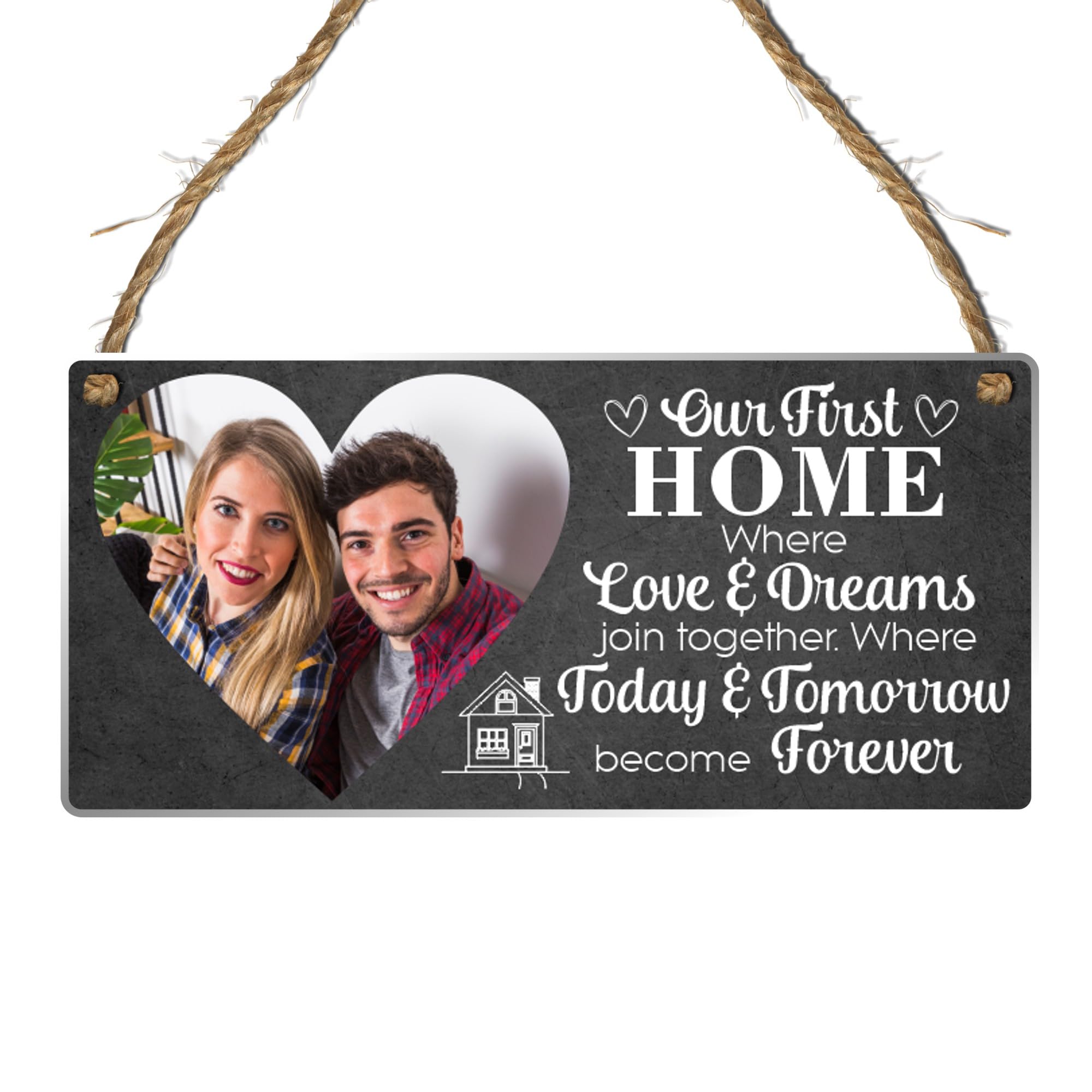 Personalised New Home Plaque – Custom First Home Sign with Photo and Message, Wall Hanging for New Homeowners. (Acrylic Indoor & Outdoor Use 19cm x 9cm, Black)