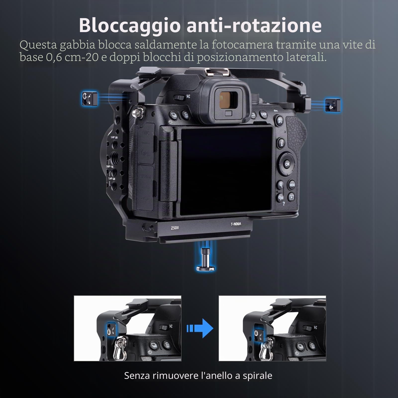 Nitze Gabbia Z50II per Nikon Z50 II, Cage in Lega di Alluminio con 2 Cold Shoes Incorporate, Guida NATO e Piastra a Sgancio Rapido per Arca-Swiss, Supporta Riprese Orizzontali e Verticali - T-N06A