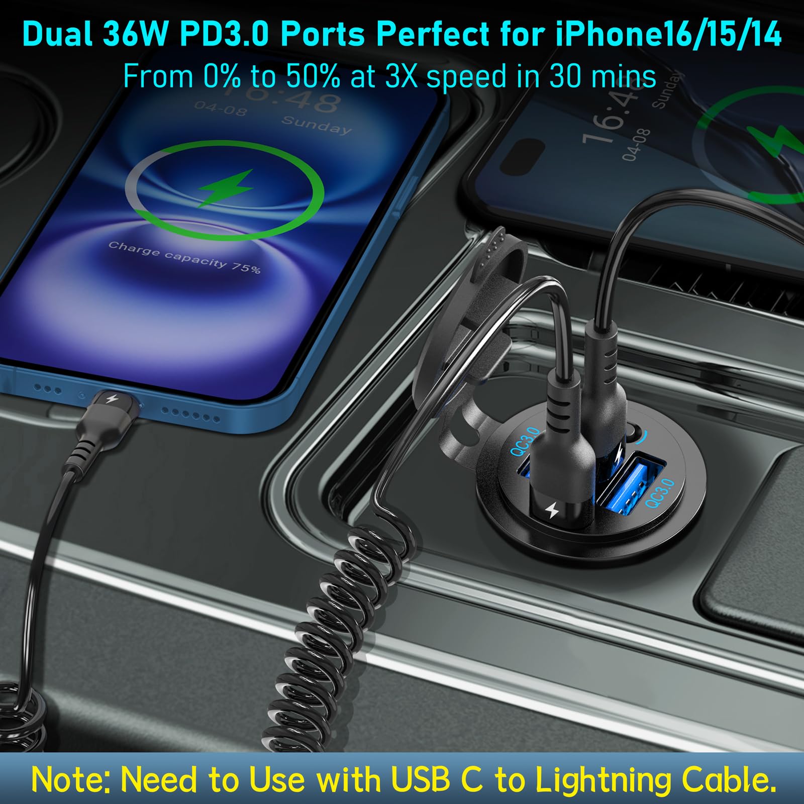 Prese USB C 12V 90W 4 Porte, Doppia PD 36W e Doppia QC 18W USB Caricabatteria 12 Volt per Auto Adattatore Accendisigari Impermeabile con Interruttore e Cavo da C a C per Barca,Autobus,Camion,Golf,Moto