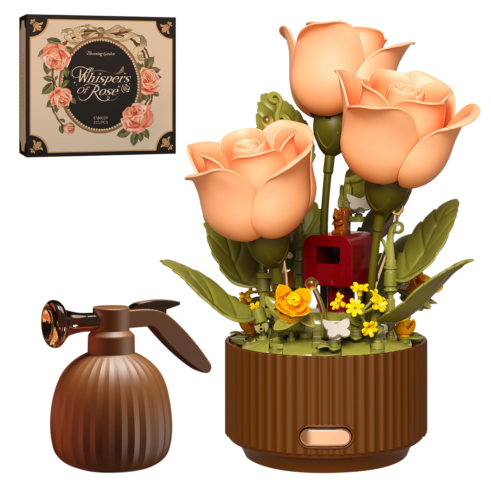 LANGLICHUN Electric Rose Flowerpot Pot Building Block Set Flower Kit with Lights & Sound Botanicals Artificial Flowers Model for Adults and Teens Gift Home Office Decor Christmas Mother's Day 255 PCS
