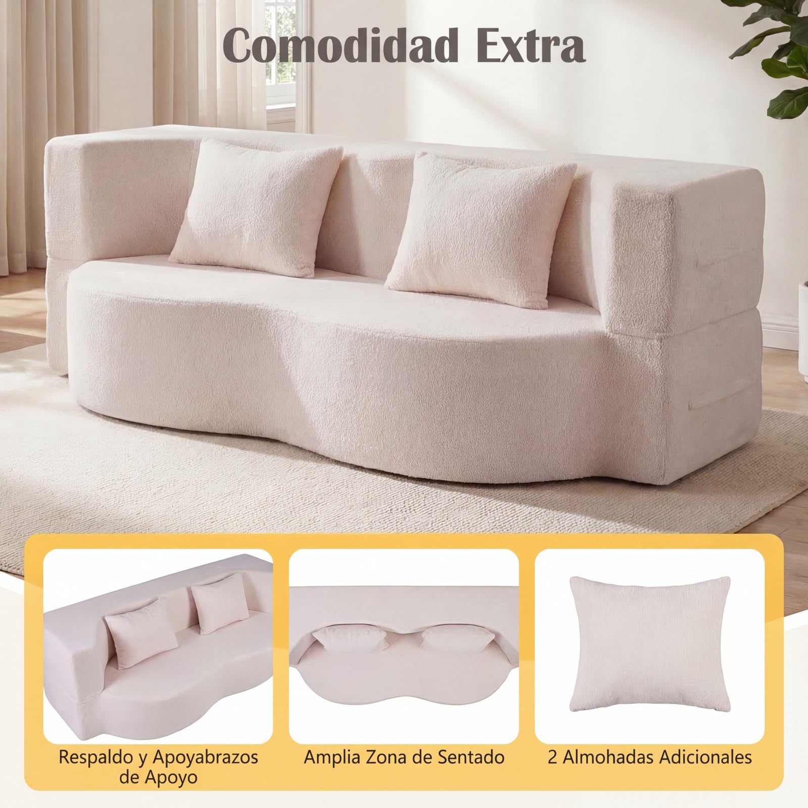 COSTWAY Sofá Cama de 2 Plazas, 192,5 cm, Sofá Convertible en Cama 2 en 1 de Tela de Polar Teddy con 2 Almohadas, sin Montaje, Sofa Comprimido de 2 Plazas sin Marco para Salón Cuarto Invitados (Blanco)