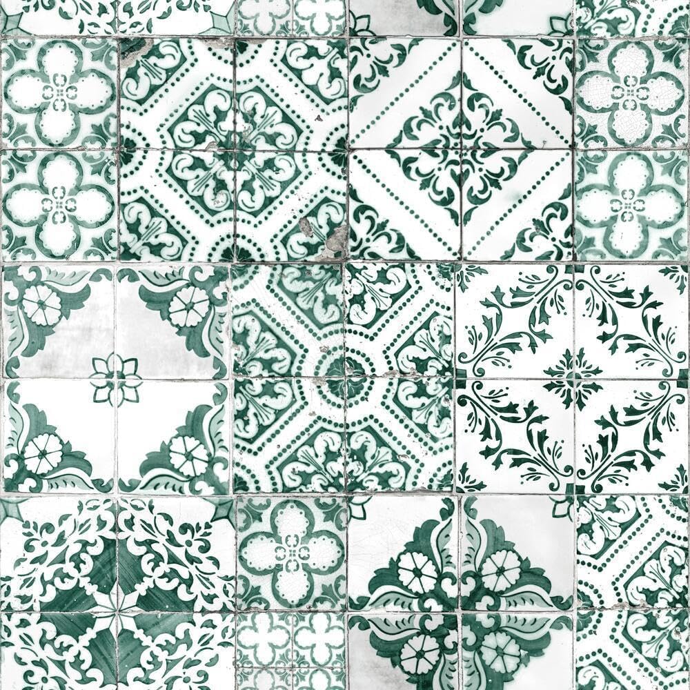 RoomMates RMK11281WP Forest Green Mediterranean Tile Peel and Stick Wallpaper, Sample