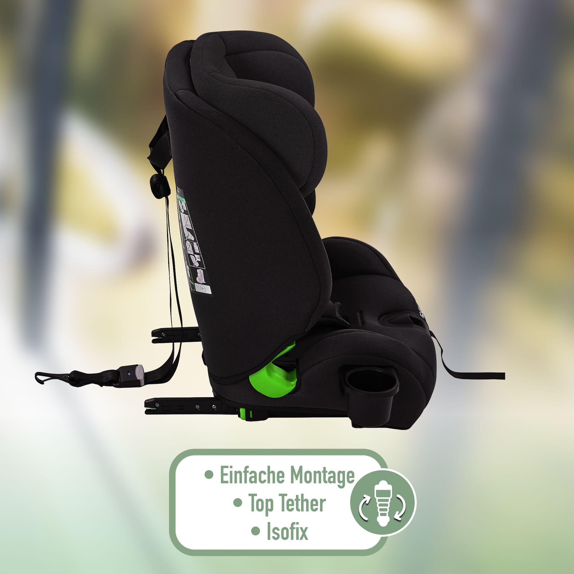 FableKids Kinderautositz mit Isofix | Autokindersitz ab 15M. | Autositz für Kinder 76-150cm | Kindersitz i-Size ECE R129/03 | 3-Punkt-Sicherheitsgurt | einstellbare Kopfstütze & Becherhalter | Schwarz