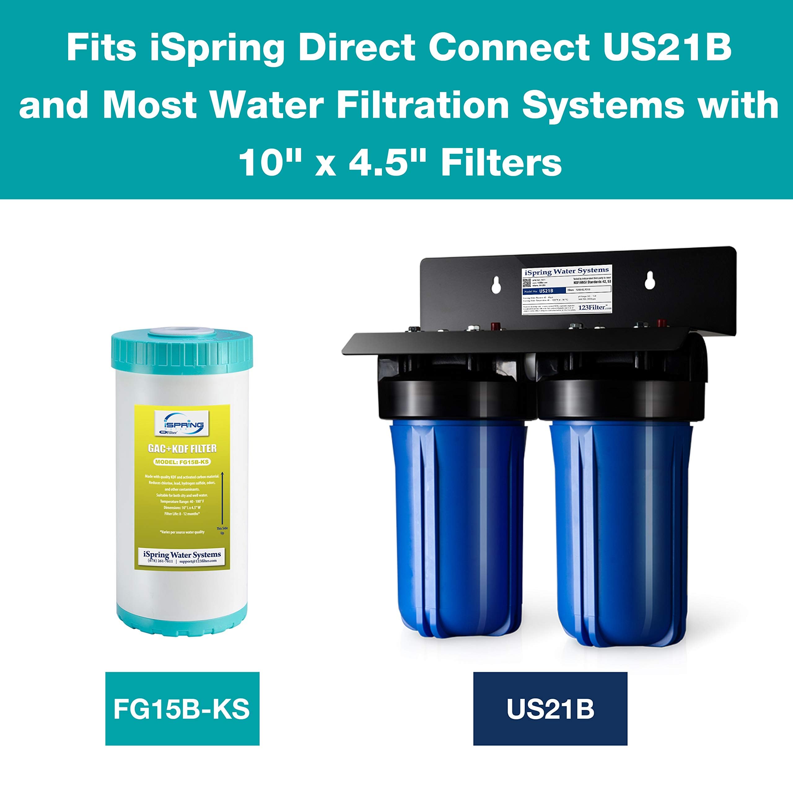 iSpring FG15B-KS Cartucho de repuesto para filtro de carbono GAC y KDF de gran capacidad para conexión directa bajo el fregadero US21B, 10" x 4.5"