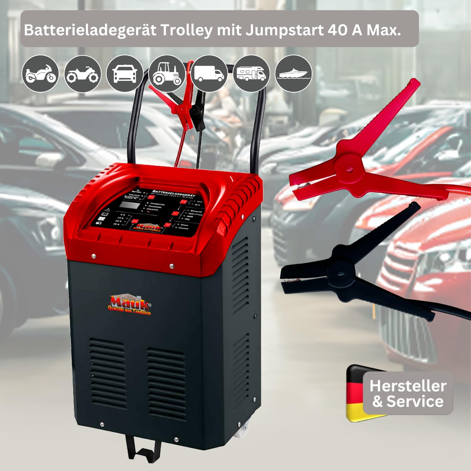 MAUK® Batterieladegerät Kfz Ladegerät Batteriestarter Jump Starter Auto Jumpstarter Auto Batterie Starter Auto Batterie Ladegerät mit Starthilfe Kfz mit Griff und Rollen 12V / 24V | 40 A max.