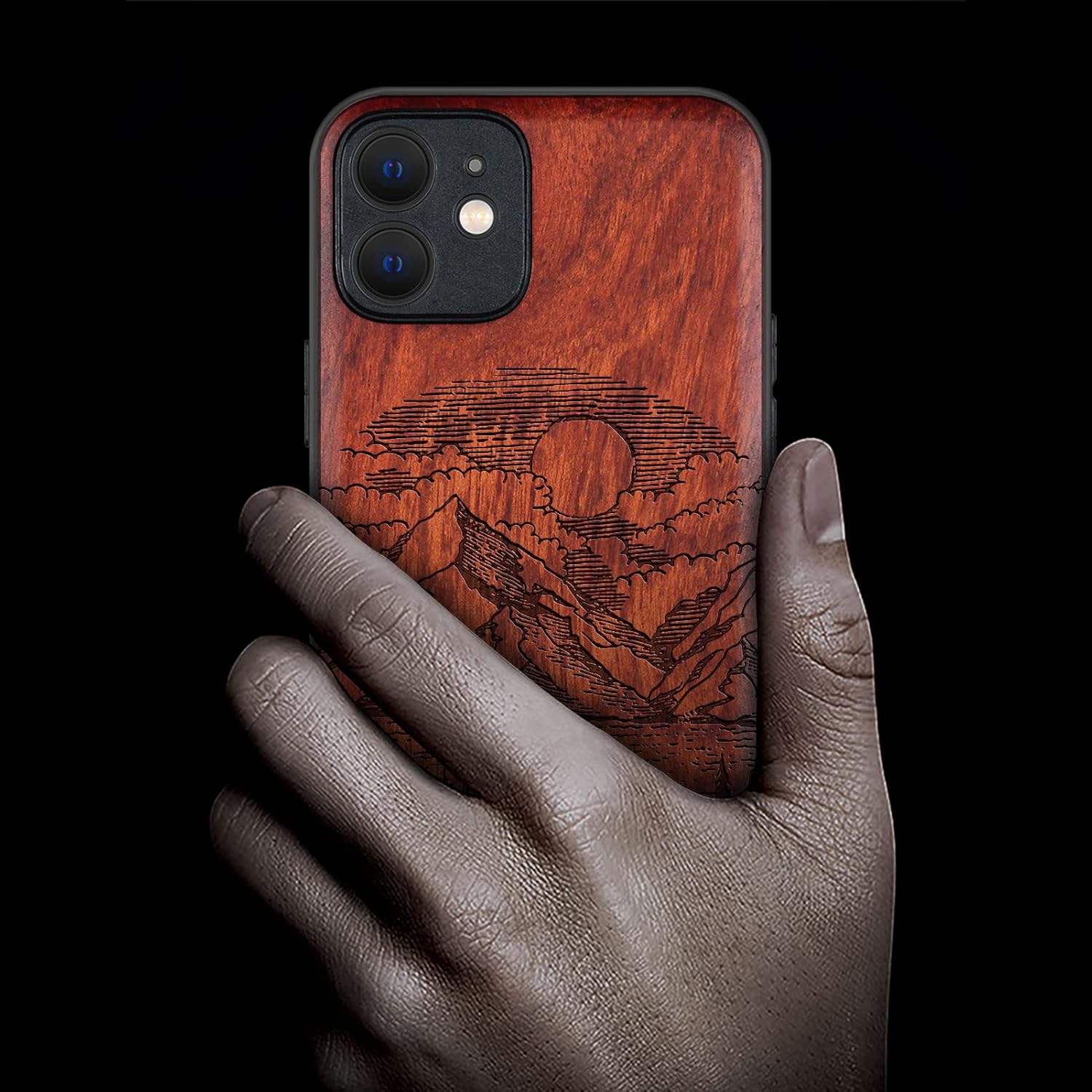 Carveit Magnetic Wood Case for iPhone 12 Case [Hard Real Wood & Black Soft TPU] Shockproof Protective Unique & Classy Wooden Cover Compatible with MagSafe (Alpine Lake- Rosy)