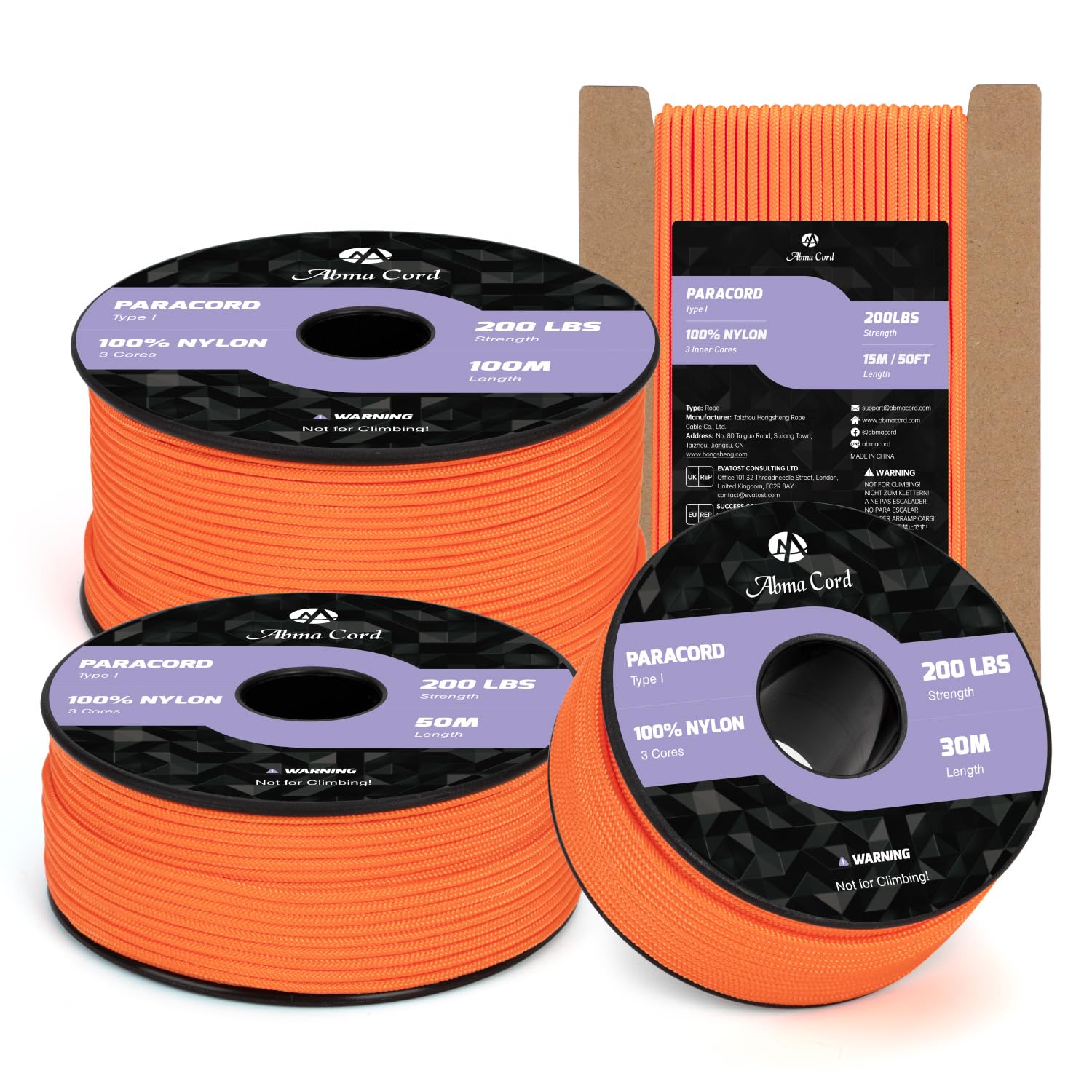 Abma Cord 2mm Paracord 15m Nylon Rope 3 Strands Type I Cord for DIY, Camping, Outdoor - Max. 90kg (200lbs) - Orange