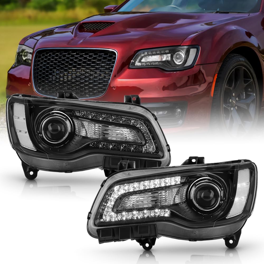KEEKPO - Compatible with 2015-2023 Chrysler 300 HID w/Adaptive Black LED DRL Projector Headlights Headlamps Left+Right