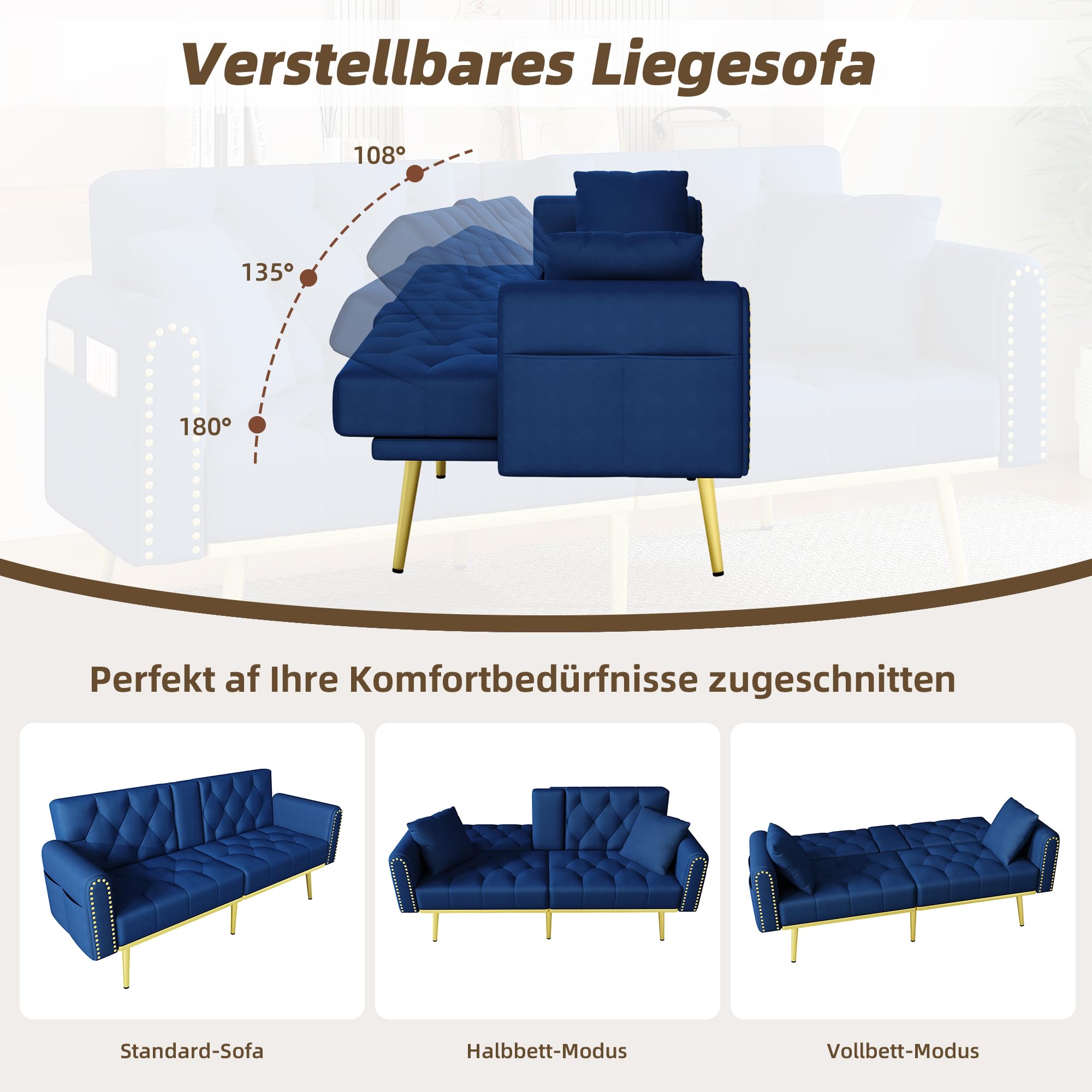 Sofá cama doble plegable con función reclinable, tres ángulos de inclinación ajustables y soporte para bebidas. Adecuado para sala de estar, dormitorio, cine en casa o habitación de invitados
