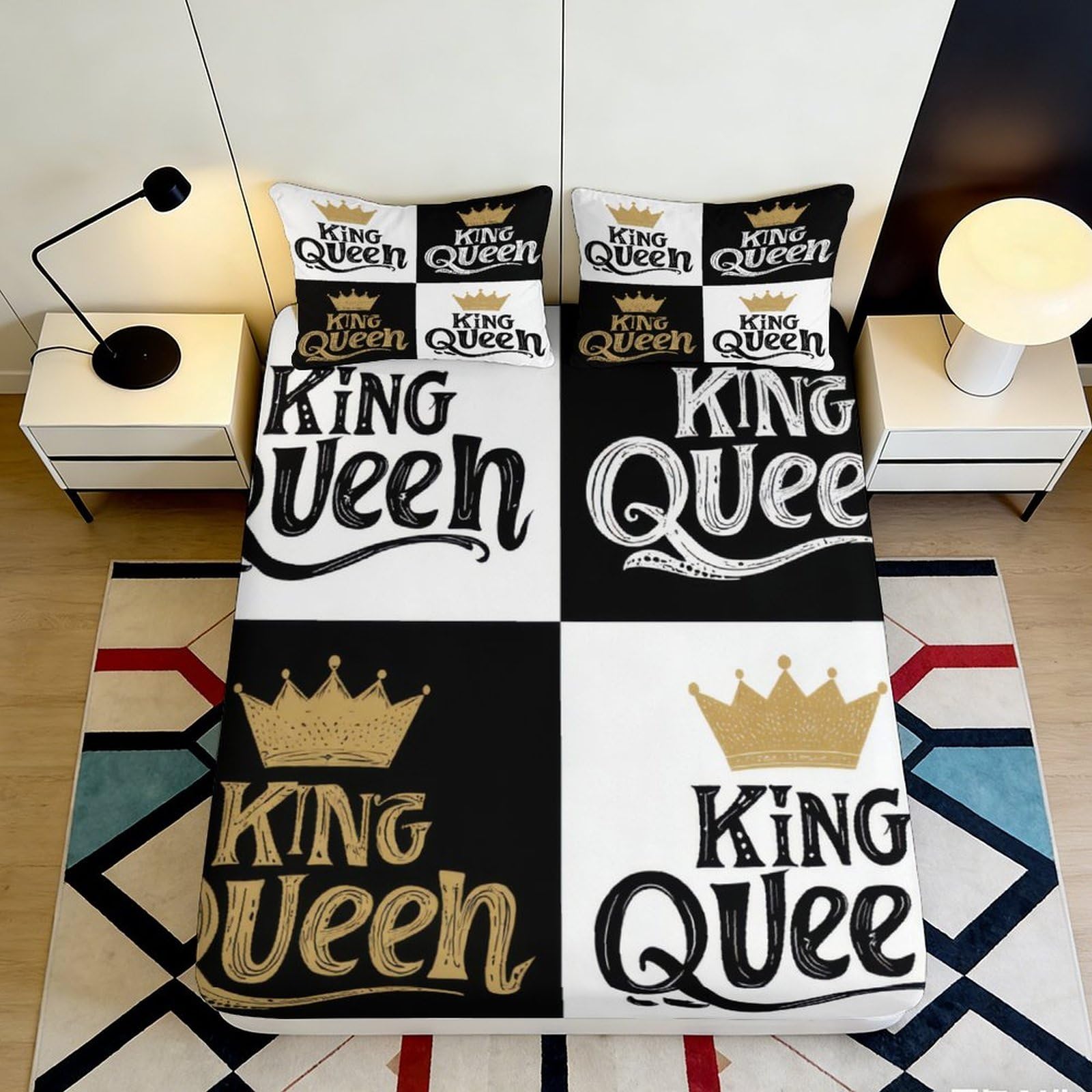 Jqzkxnhpbr Style-2 3D Printed King Queen Fitted Sheet Microfiber Black White Crown Bed Sheet Non-Slip Bedroom Decor Mattress Cover 90X200x25cm