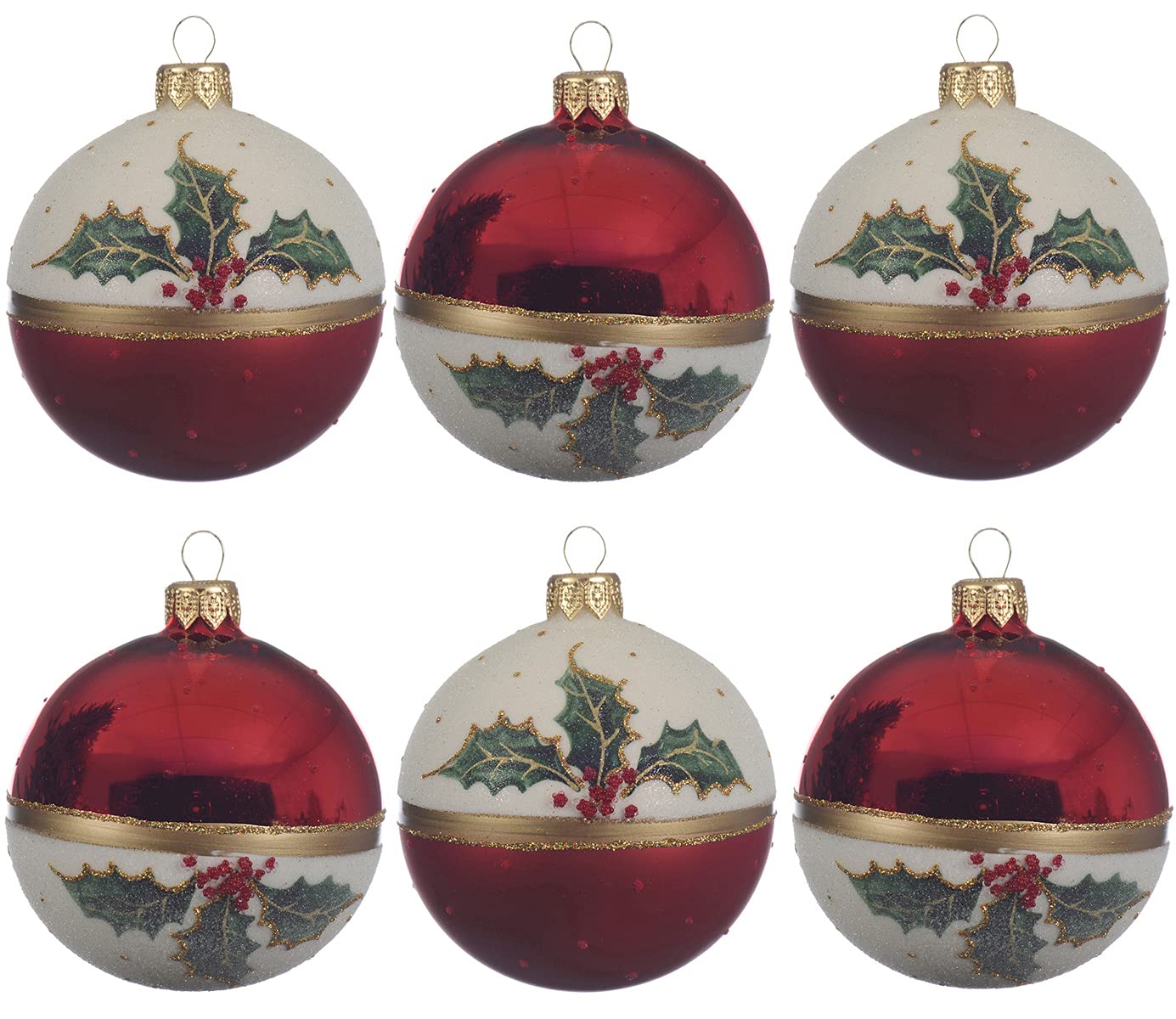Decoris Bolas de Navidad de cristal, 8 cm x 6 unidades, con motivos de muérdago soplado artesanalmente y pintado a mano, color rojo y blanco