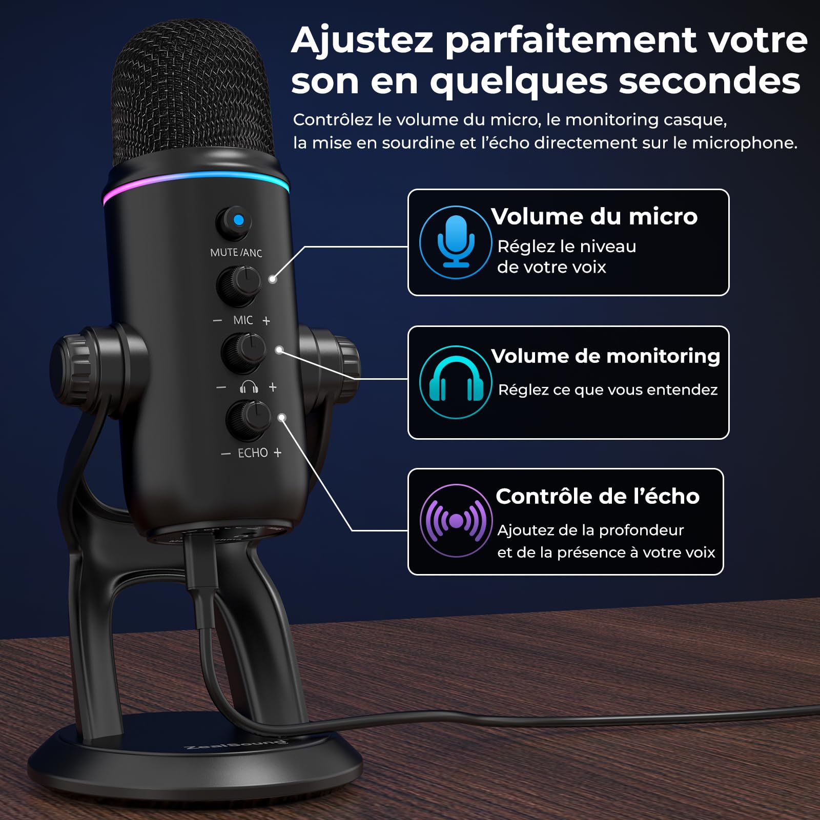 zealsound Microphone USB à Condensateur pour PC avec Réduction du Bruit, Z5 | Podcast Micro pour PC & Téléphone, avec Muet, Contrôle du Gain et Moniteur, Enregistrement, Streaming, Gaming, ASMR, Créateur
