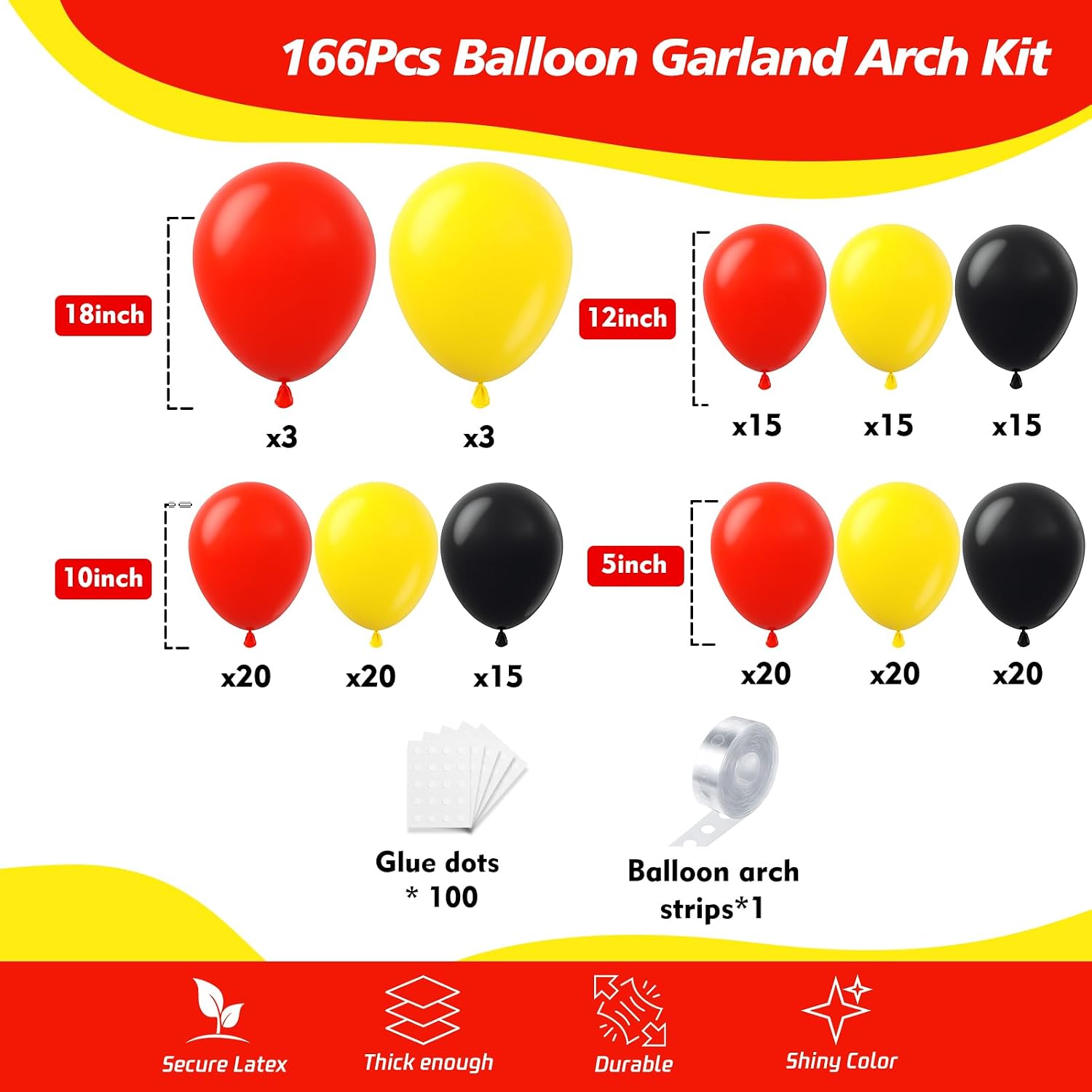 166Pcs Red Yellow Black Balloon Garland Arch Kit - Mouse Party Decorations with 18 12 10 5 Different Sizes Latex Party Balloons for Birthday Baby Shower Cartoon Game Theme Backdrop Decorations image 2