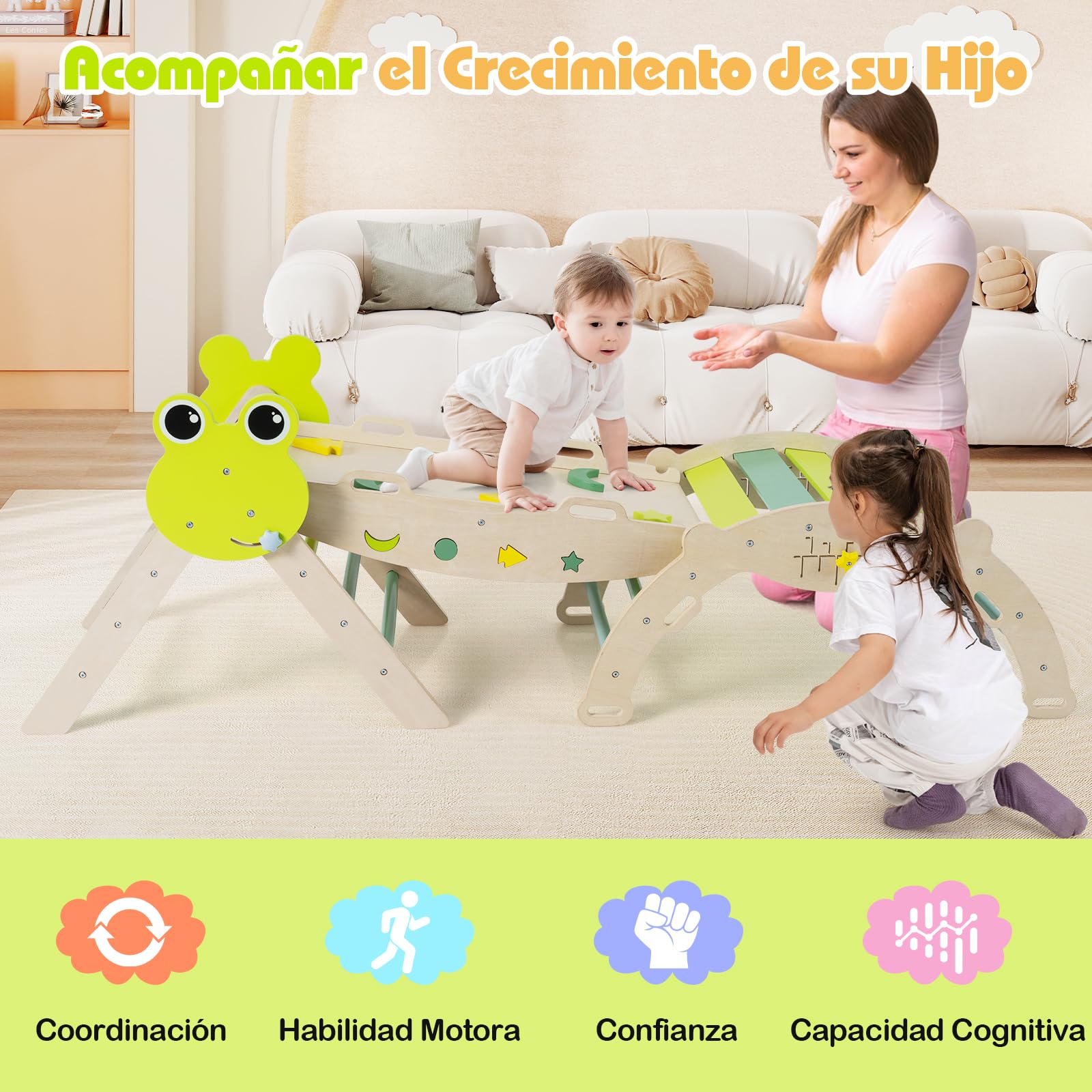 COSTWAY Triángulo de Escalada Interior, Estructura de Escalada Plegable con Tobogán, Arco de Escalar, Triángulo de Madera para Niños de 1+ año (Rana-3 Piezas,Verde)
