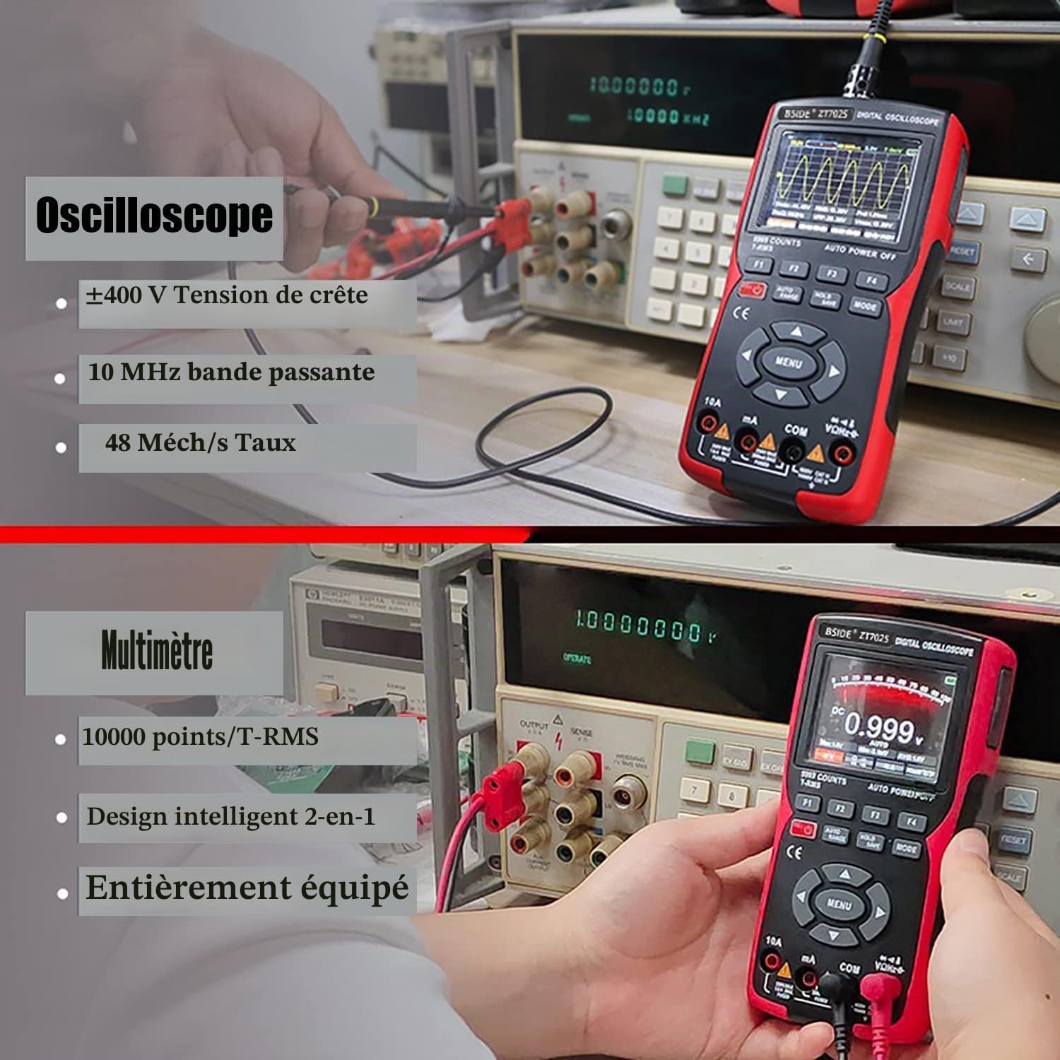 BSIDE Oscilloscope portable - Multimètre numérique rechargeable - 9999 points - Avec écran couleur pour mesure automatique