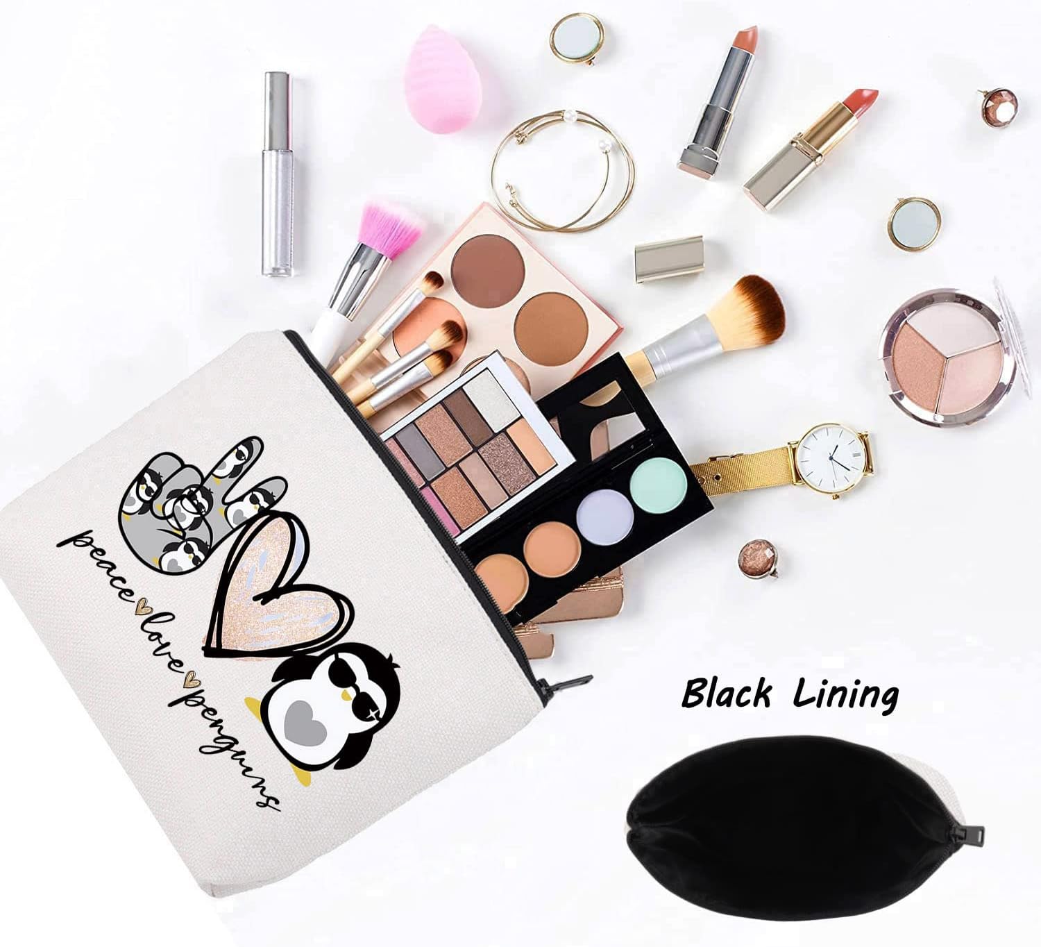 LEVLO Funny Penguins Cosmetic Make up Bag Animal Lover Gift Peace Love Penguins Makeup Zipper Pouch Bag Penguins Lover Gift(Peace Love Penguins) - Image 3