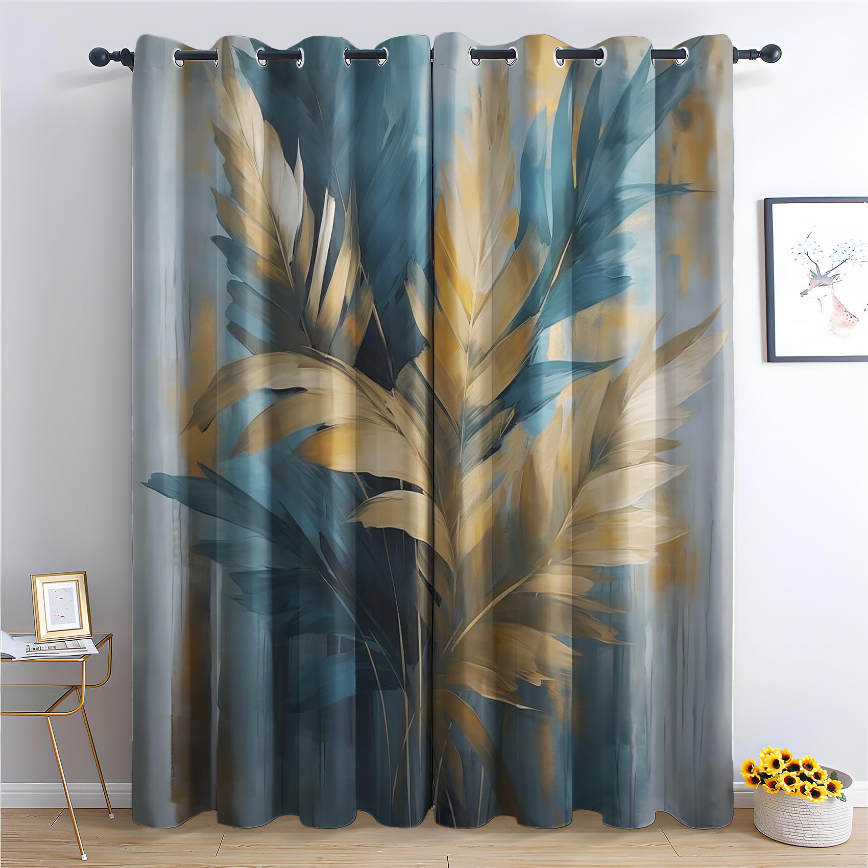 Zcwl Leaf Curtains For Bedroom Living Room, Blue Gray Gold Patterned Blackout Curtains, Thermal Insulated Eyelet Curtain, 90 Drop Window Treatments Drapes, 66X90 Inch (W X L), 2 Panels