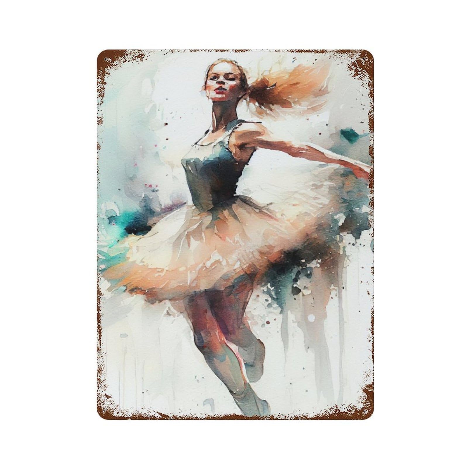 Aged Metal Wall Plaque with Ballet Dancer Watercolor Design 15.7"x11.8", for Farmhouse, Kitchen And Entryway Decor, Retro Wall Decor