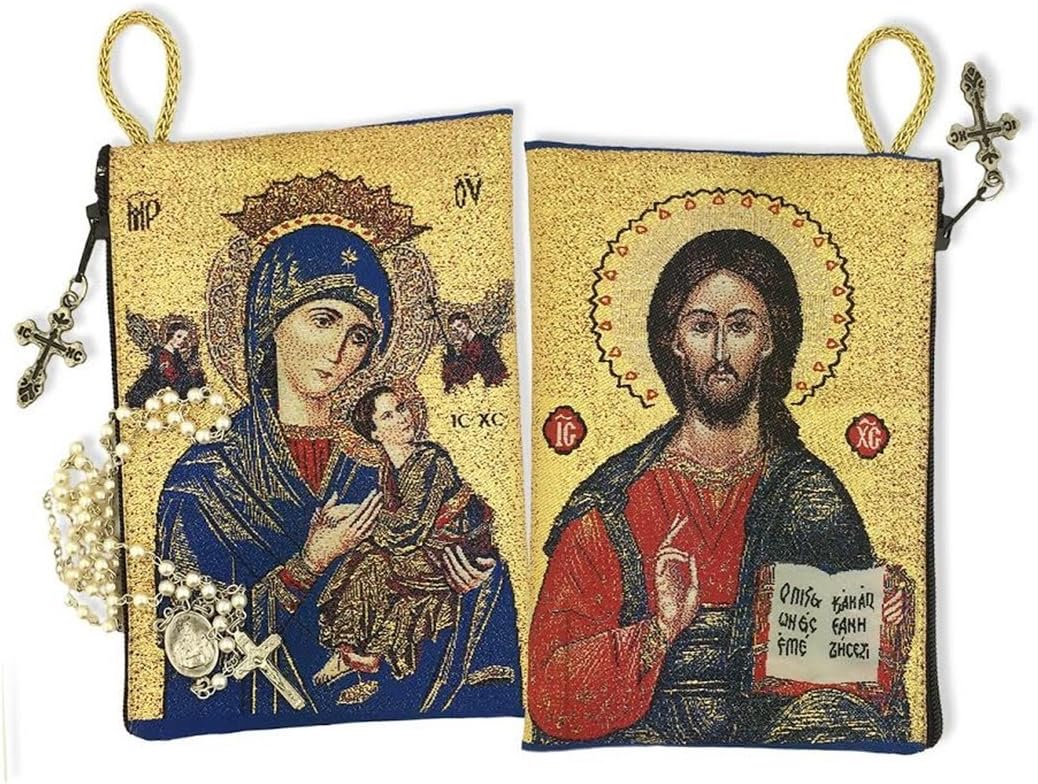 Alexandra International Religious Gift Our Lady Ol of Perpetual Help with Jesus Christ The Teacher Icon Cloth Tapestry Rosary Zipper Close Pouch Keepsake Holder (BlueMary TIP8)