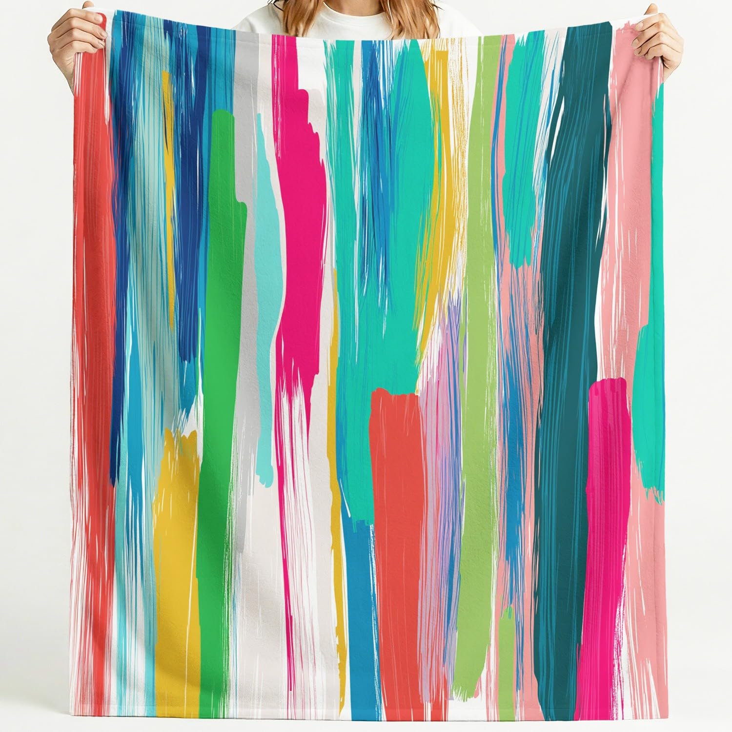Générique Couverture Plaid Flanelle 180cm x 200cm Épais Couvertures Polaire d'automne Chaud, Modern Abstract Vibrant Dynamique Art Pinceaux verticaux Rayures Moelleuse Légères Couvertures