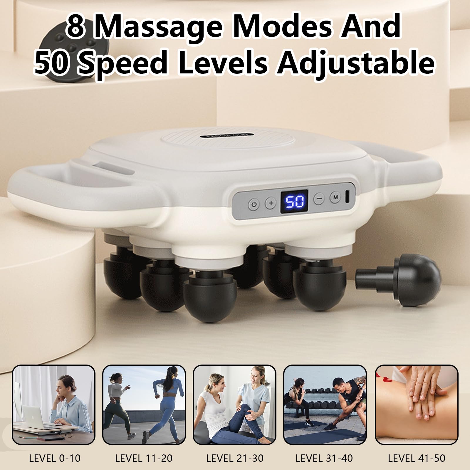 Pistolet De Massage, 1500 Mah Masseur Musculaire à 6 TêTes Avec 18 TêTes De Massage Ceinture Abdominale Et 50 Vitesses Pour Soulager La Douleur Du Dos De La Taille De L'Abdomen Et Des Jambes