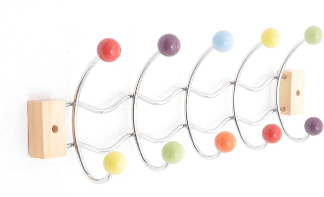 ASPECT Deluxe Wall-Mounted Hook/Coat Hanger-10 Hooks.Chrome Finish Frame & Multi-Color Ceramic Balls, Metal, Multi