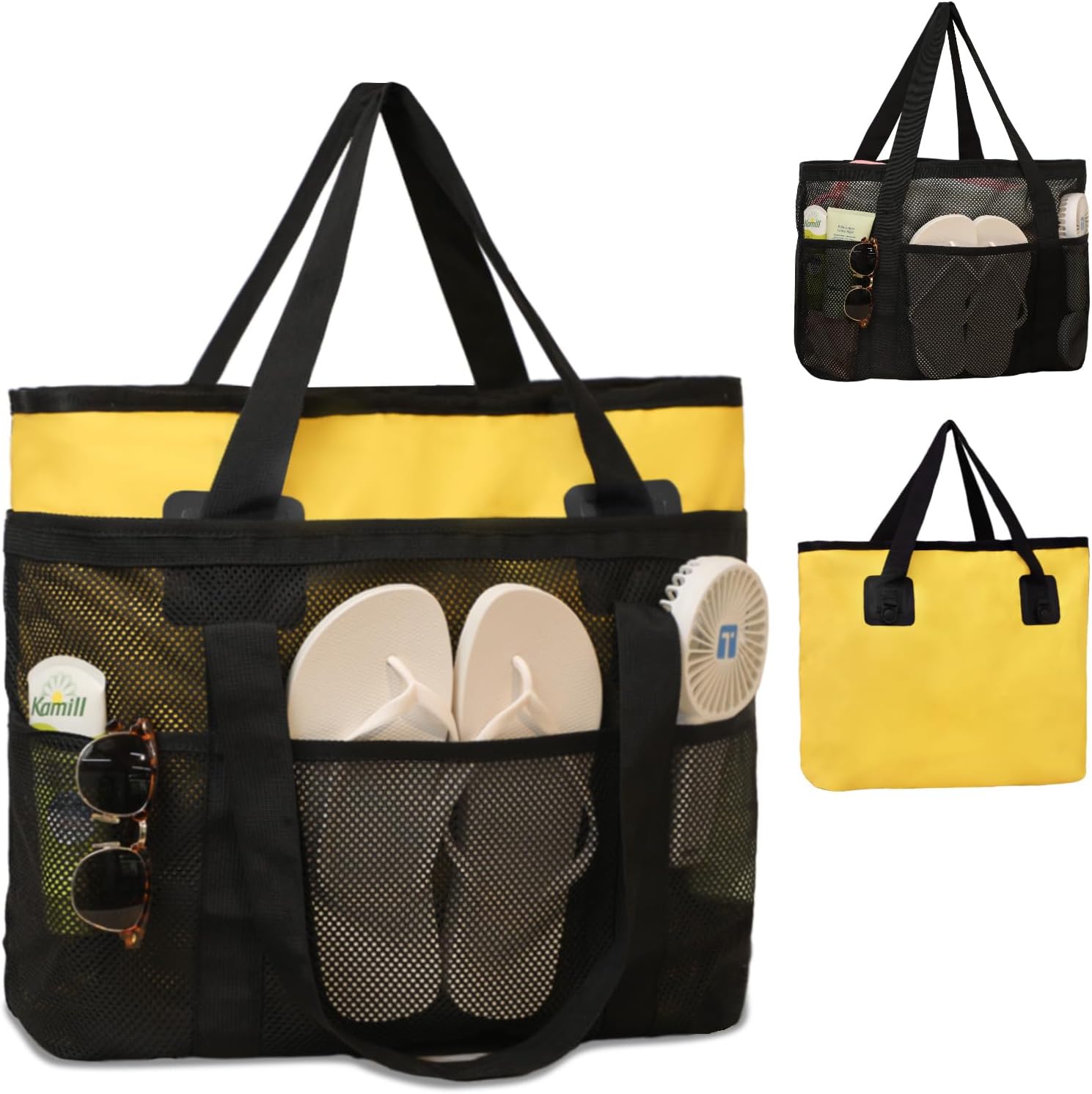 miss fong Mesh Beach Bag - Large Beach Bags for Women Pool Bag Swim Bag 2-in-1 Waterproof Beach Tote Bag Wet/Dry Separation